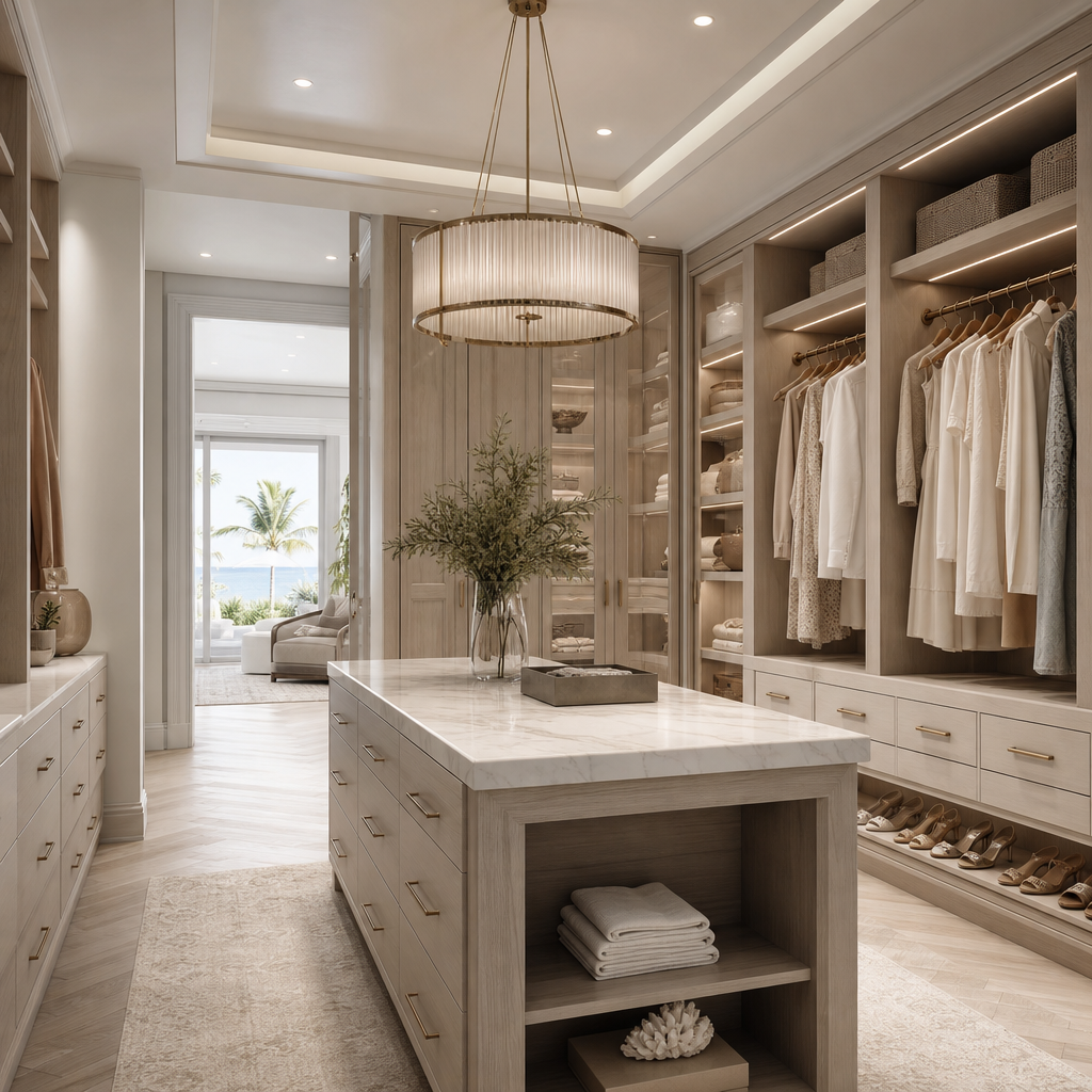 Custom dressing room with tailored built-in wardrobes, soft lighting, and refined wood cabinetry in a luxury coastal home.