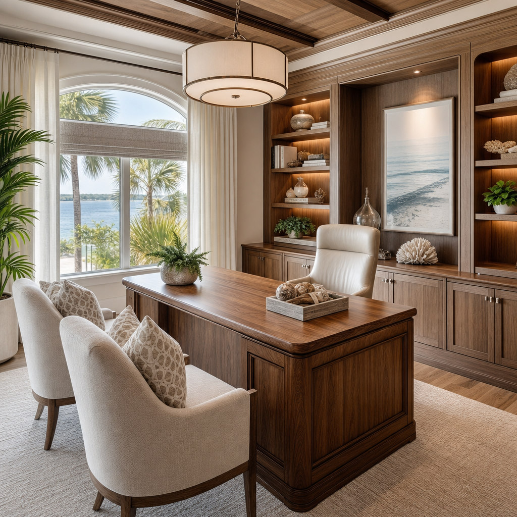 Custom office with a beautiful wooden desk setup, refined built-ins, and elegant wood craftsmanship throughout the space.