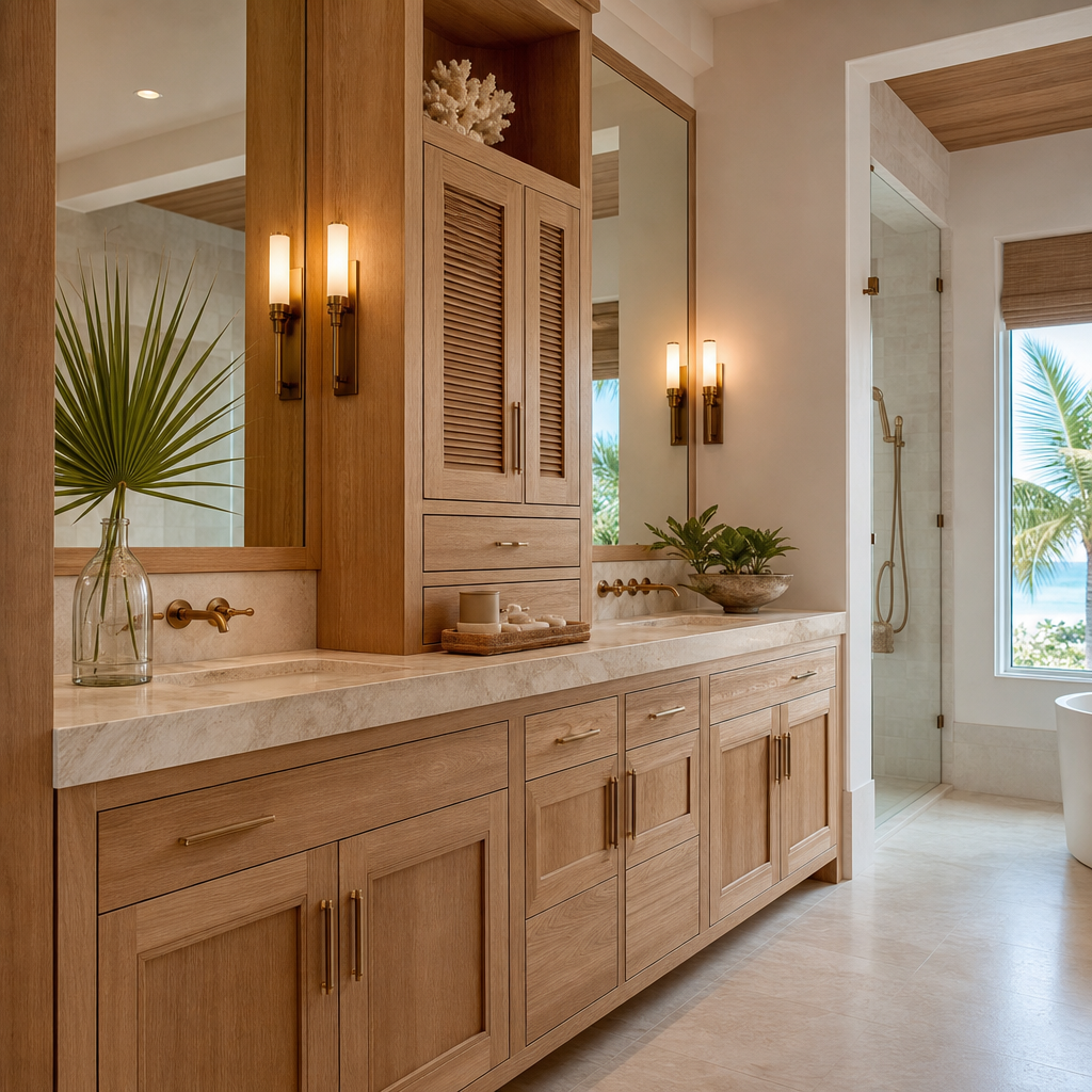 Elegant custom bathroom vanity with marble countertop, double sinks, coastal wood details, and refined lighting, crafted by Siesta Key Furniture.