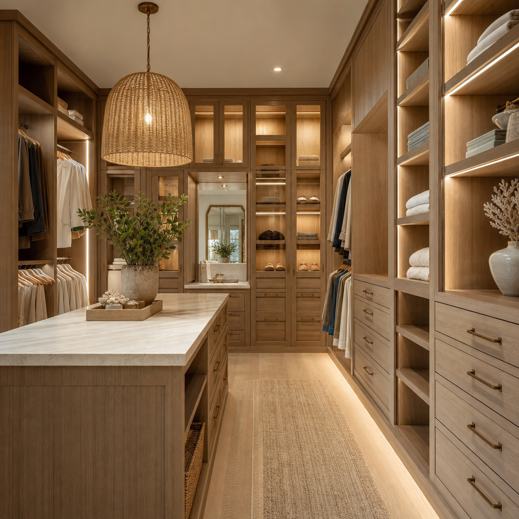 Ultra-luxury custom walk-in closet with glass wardrobe doors, soft lighting, and integrated wood cabinetry, designed by Siesta Key Furniture.