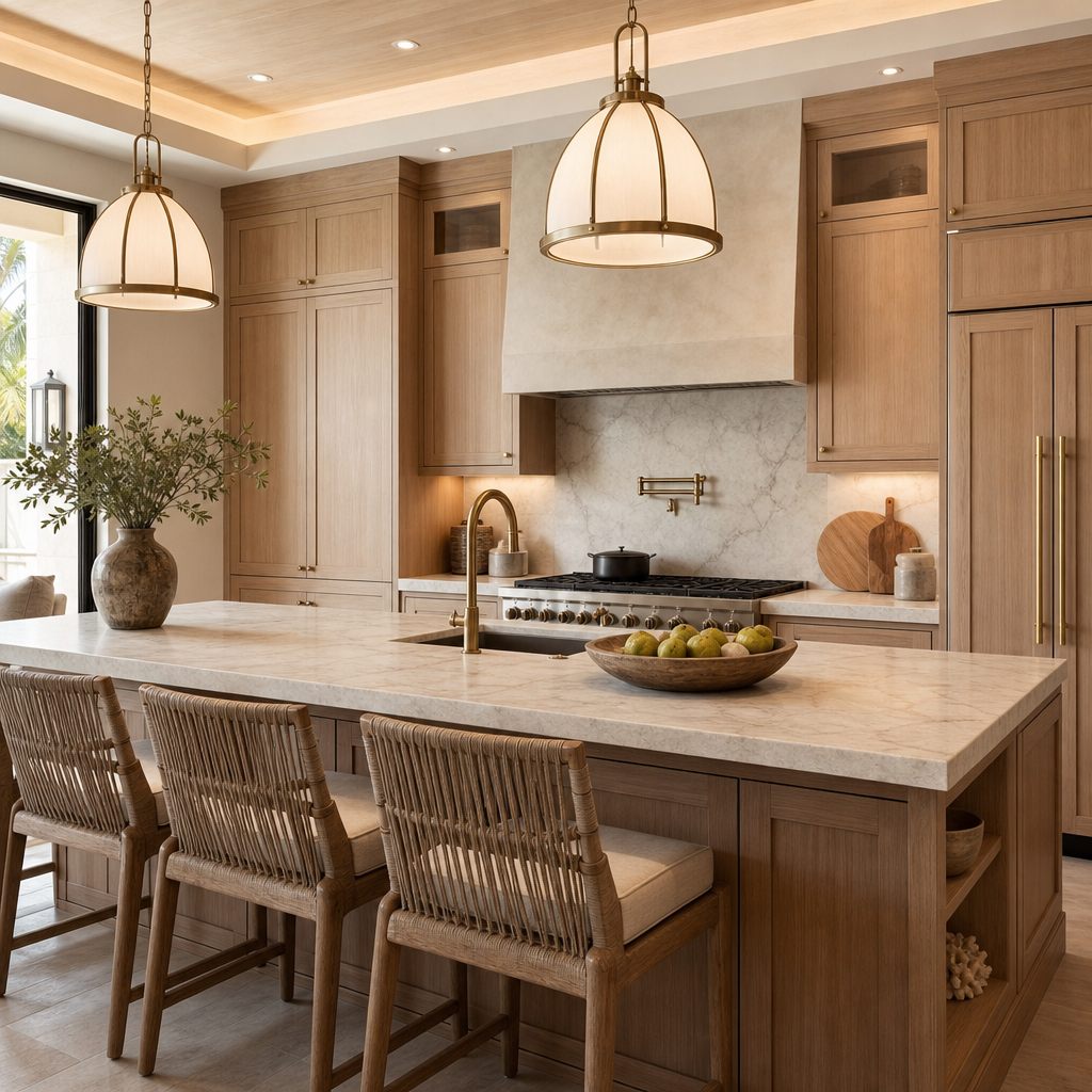 Spacious luxury kitchen with custom cabinetry, marble island, and pendant lights, designed and remodeled by Siesta Key Furniture