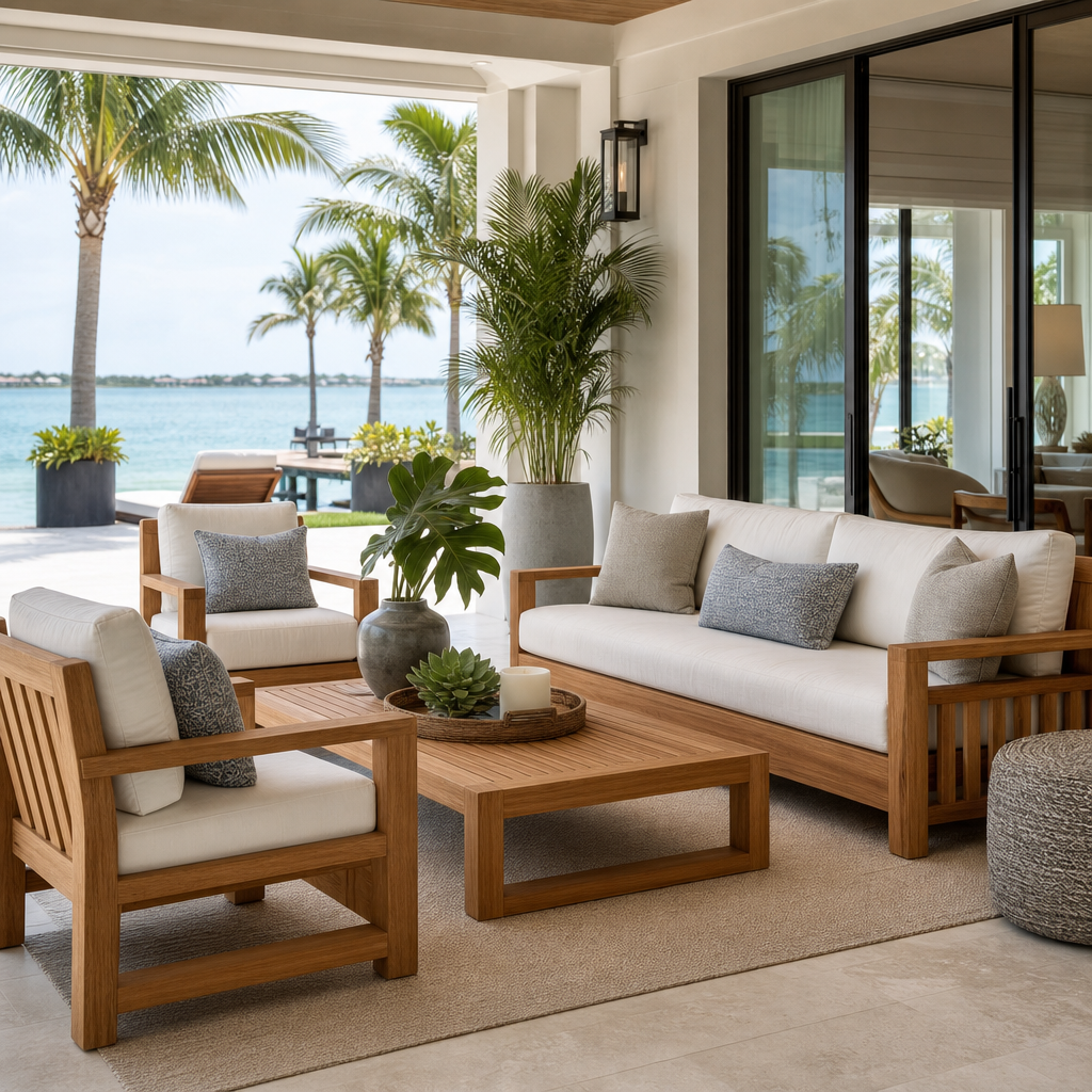 Premium outdoor teak furniture arranged in a luxury coastal patio setting with refined cushions and breezy seaside ambiance.