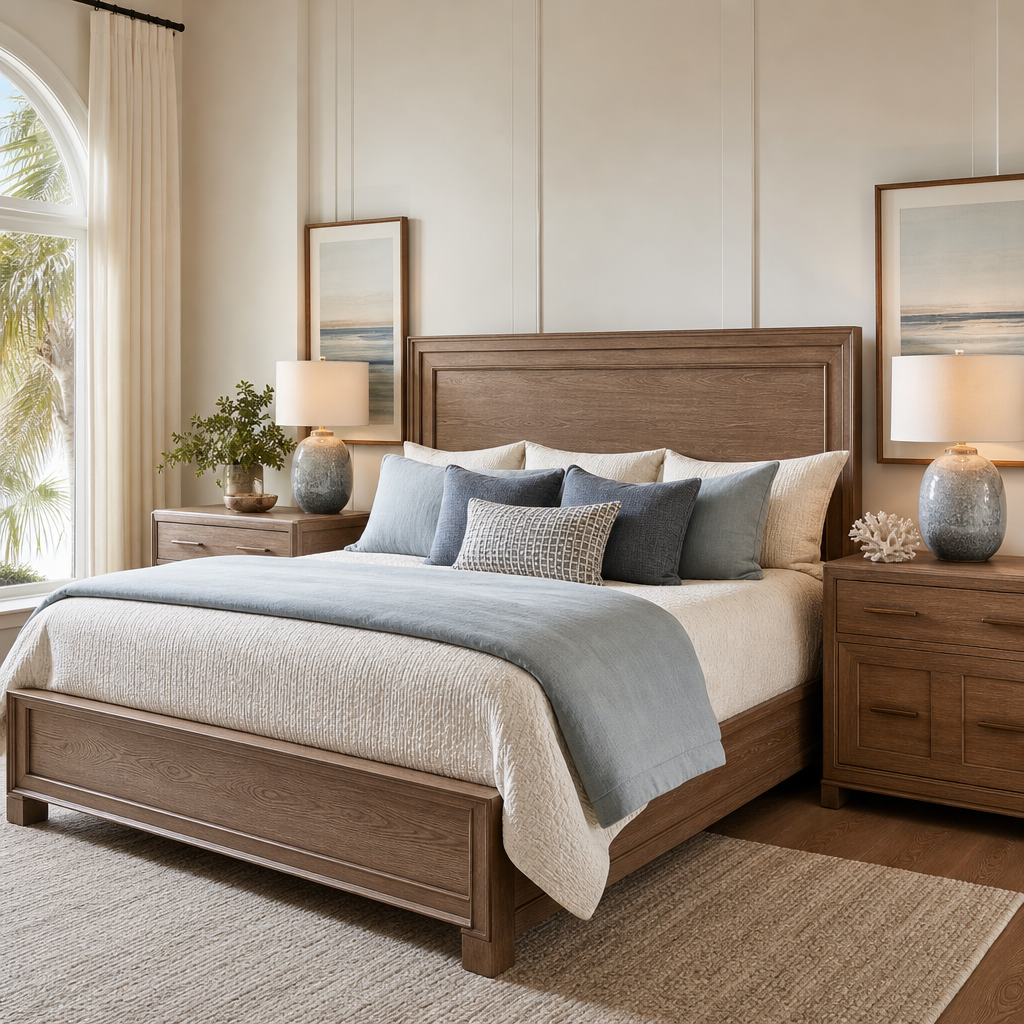 Refined bedroom furniture with an upholstered headboard, custom wood nightstands, and coastal-inspired finishes in an elegant suite.