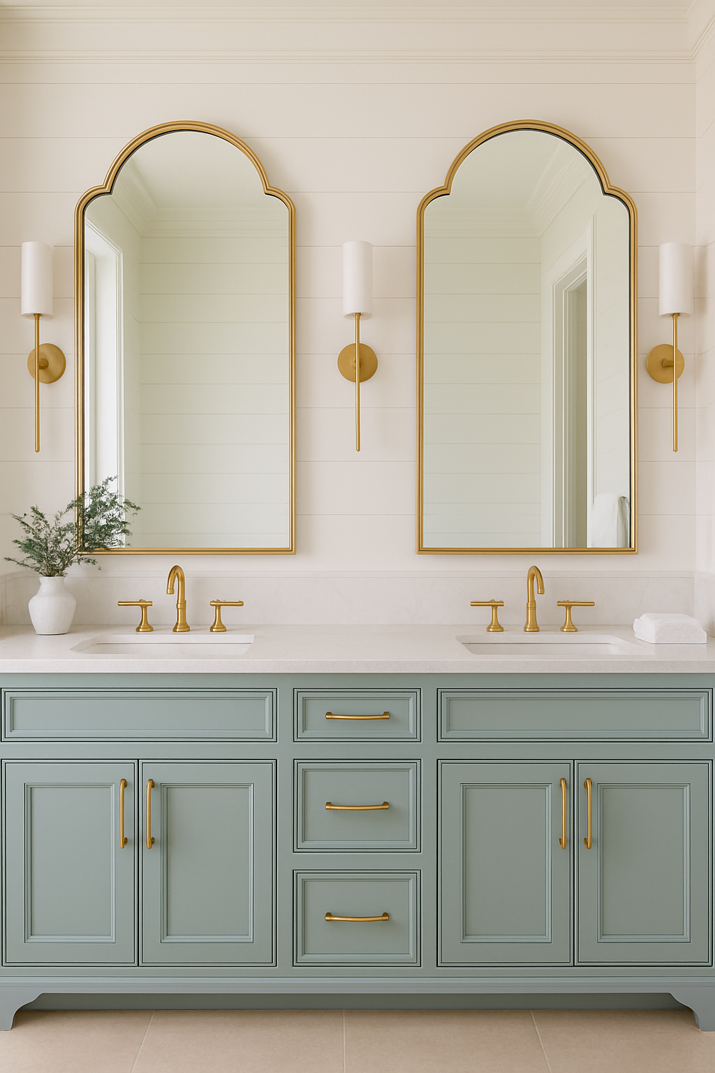 High-end bathroom vanity with marble countertops, bespoke cabinetry, gold fixtures, and elegant mirrors in a serene, coastal-inspired remodel
