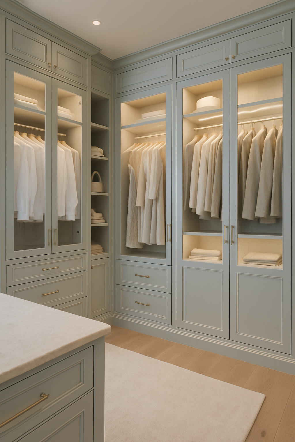 Custom luxury closet with elegant built-in cabinetry, glass doors, and soft lighting, featuring refined organization for high-end wardrobes in a Sarasota home