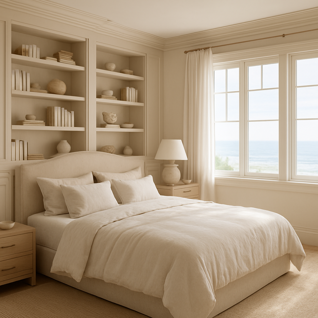 Serene coastal bedroom with custom millwork and relaxed luxury