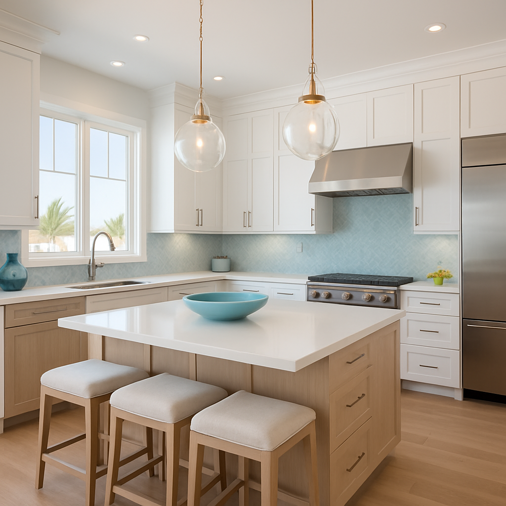 Custom luxury kitchen with modern cabinetry and coastal accents