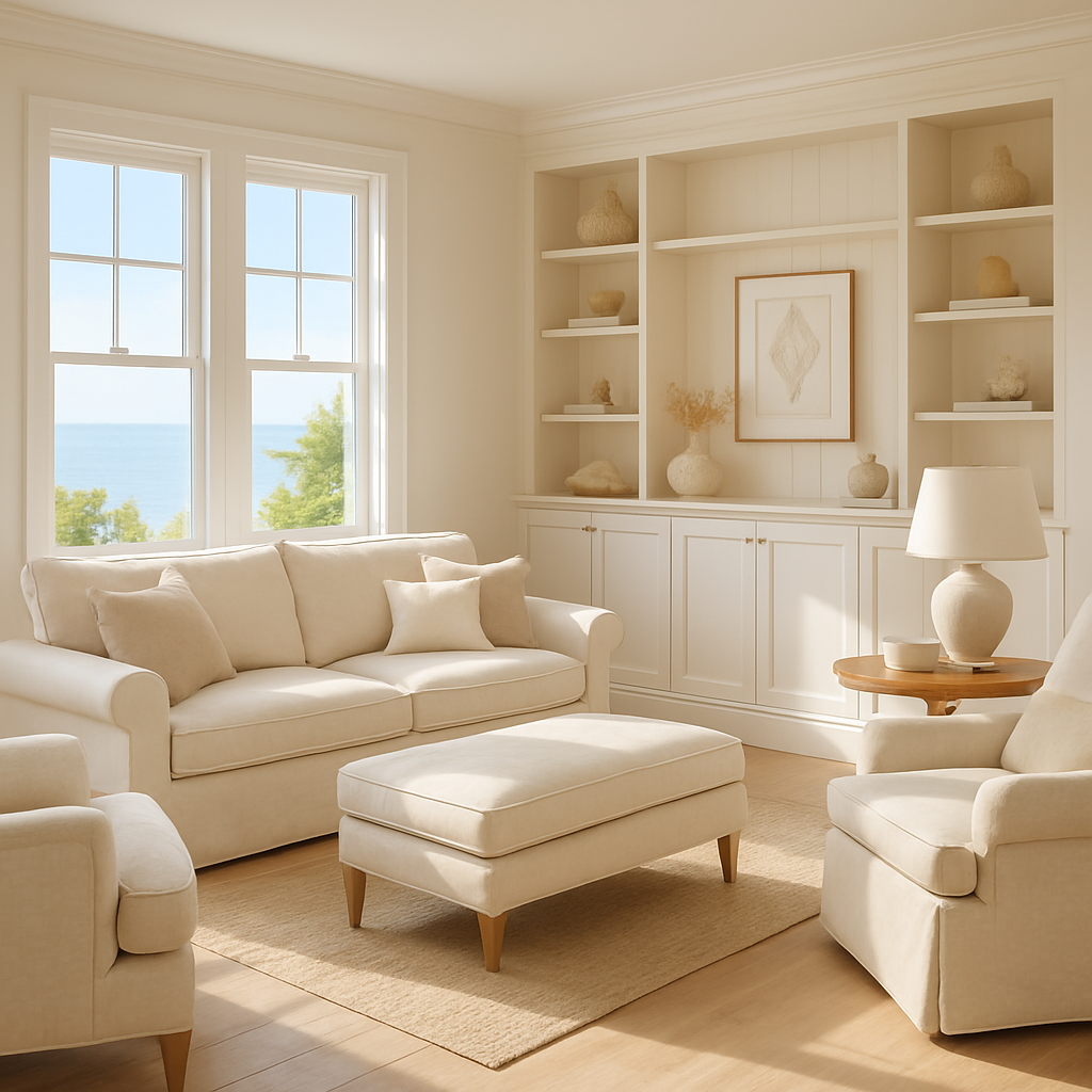 Elegant coastal living room with bespoke built-ins and luxury furnishings