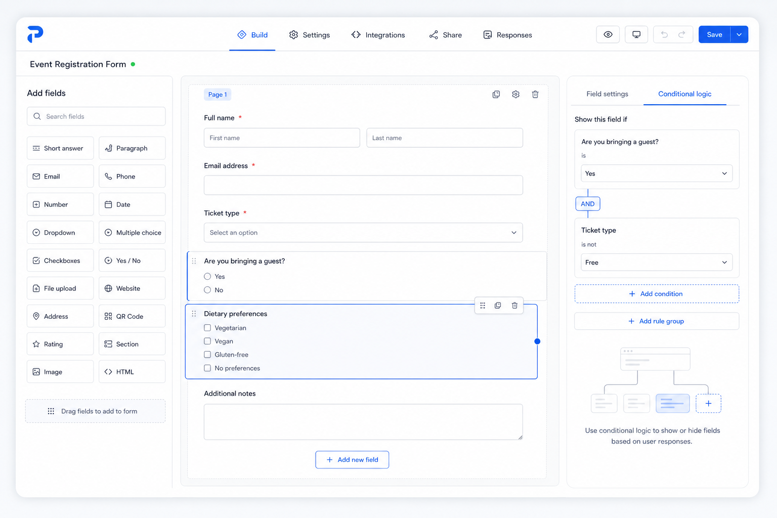 Form builder canvas with drag-and-drop fields, section settings, and conditional logic controls