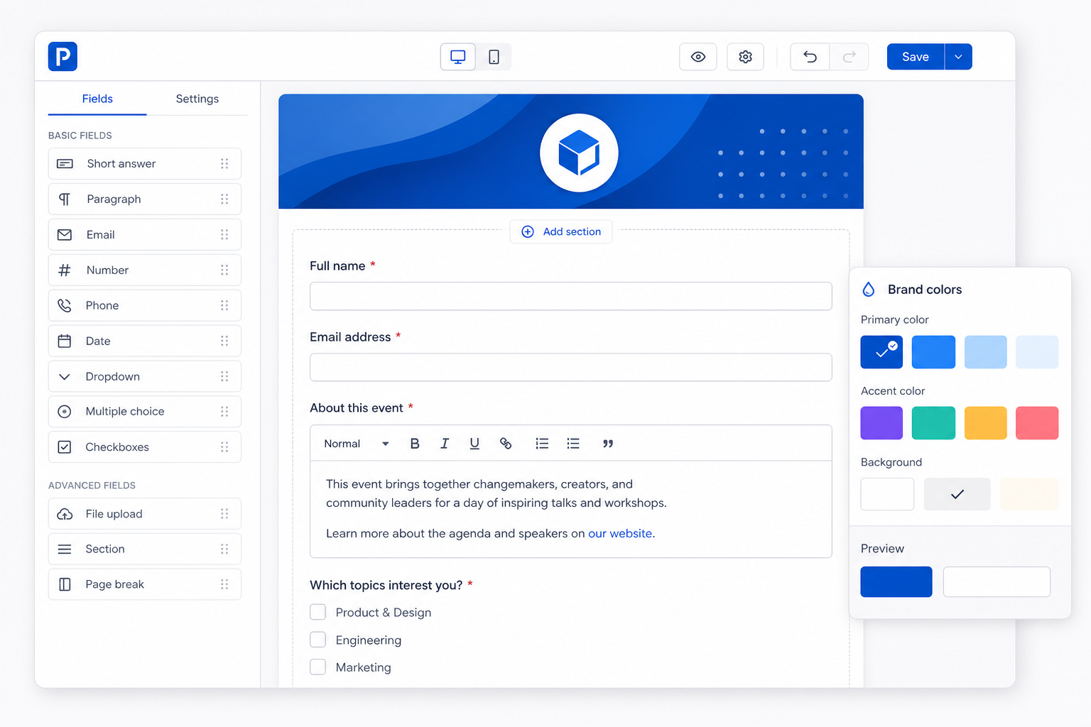 Contained UI snippet of a form builder with draggable field blocks, rich-text help panel, color selector, and branded header banner preview