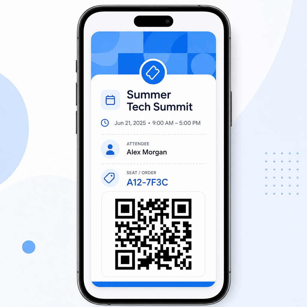 Mobile ticket preview showing attendee name, event details, and scannable QR code