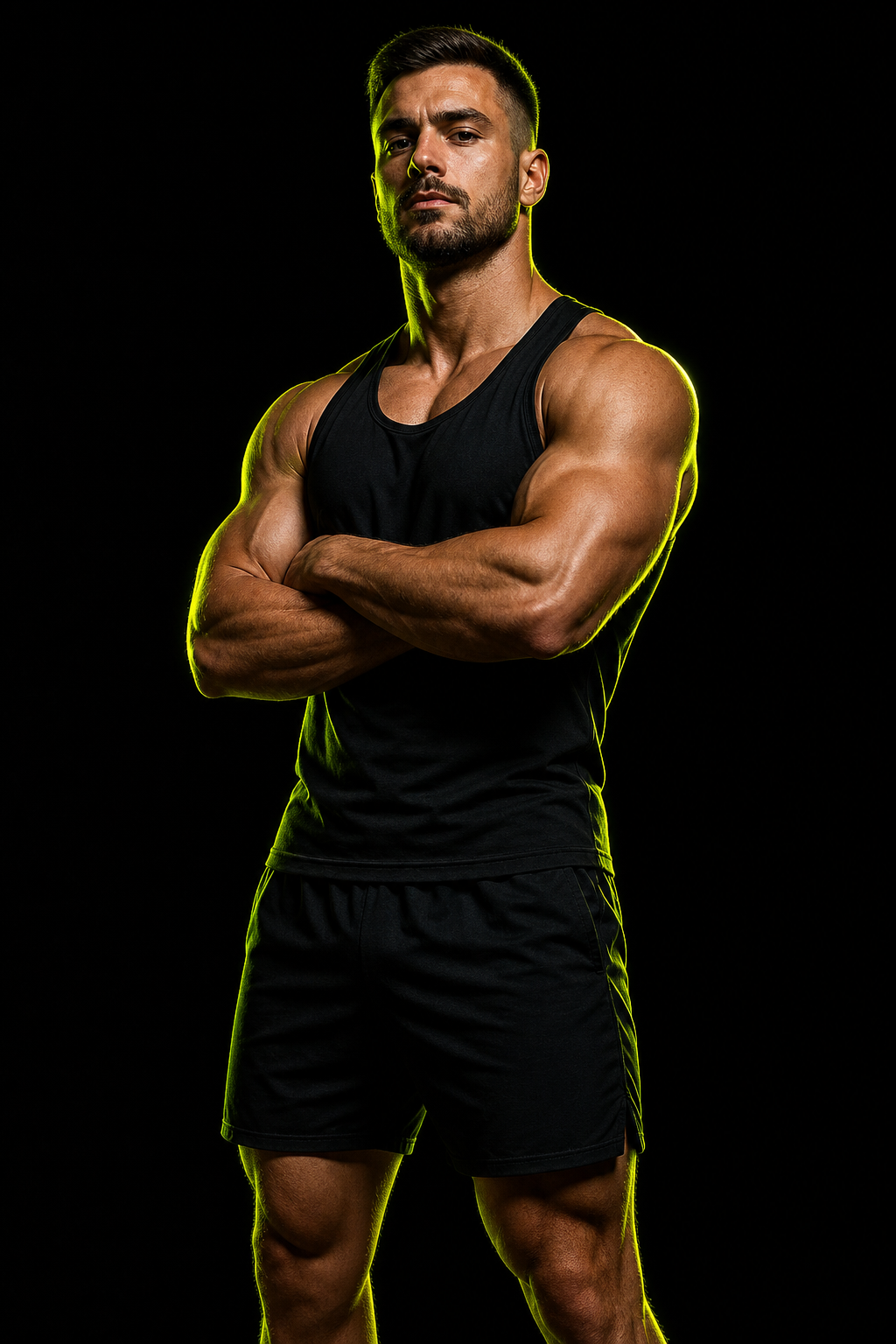Coach Maksym Hrytsenko standing confidently against a black background with neon lime rim lighting
