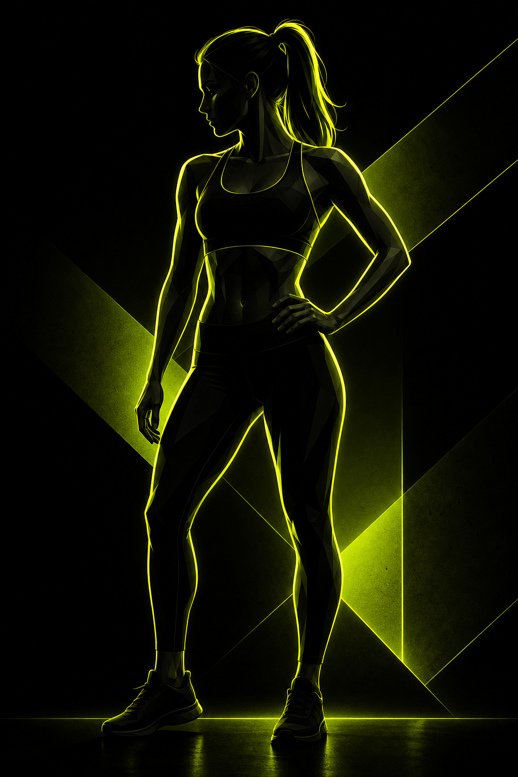 Neon lime-accented abstract silhouette illustration representing Elena's toned, athletic physique after 12 weeks