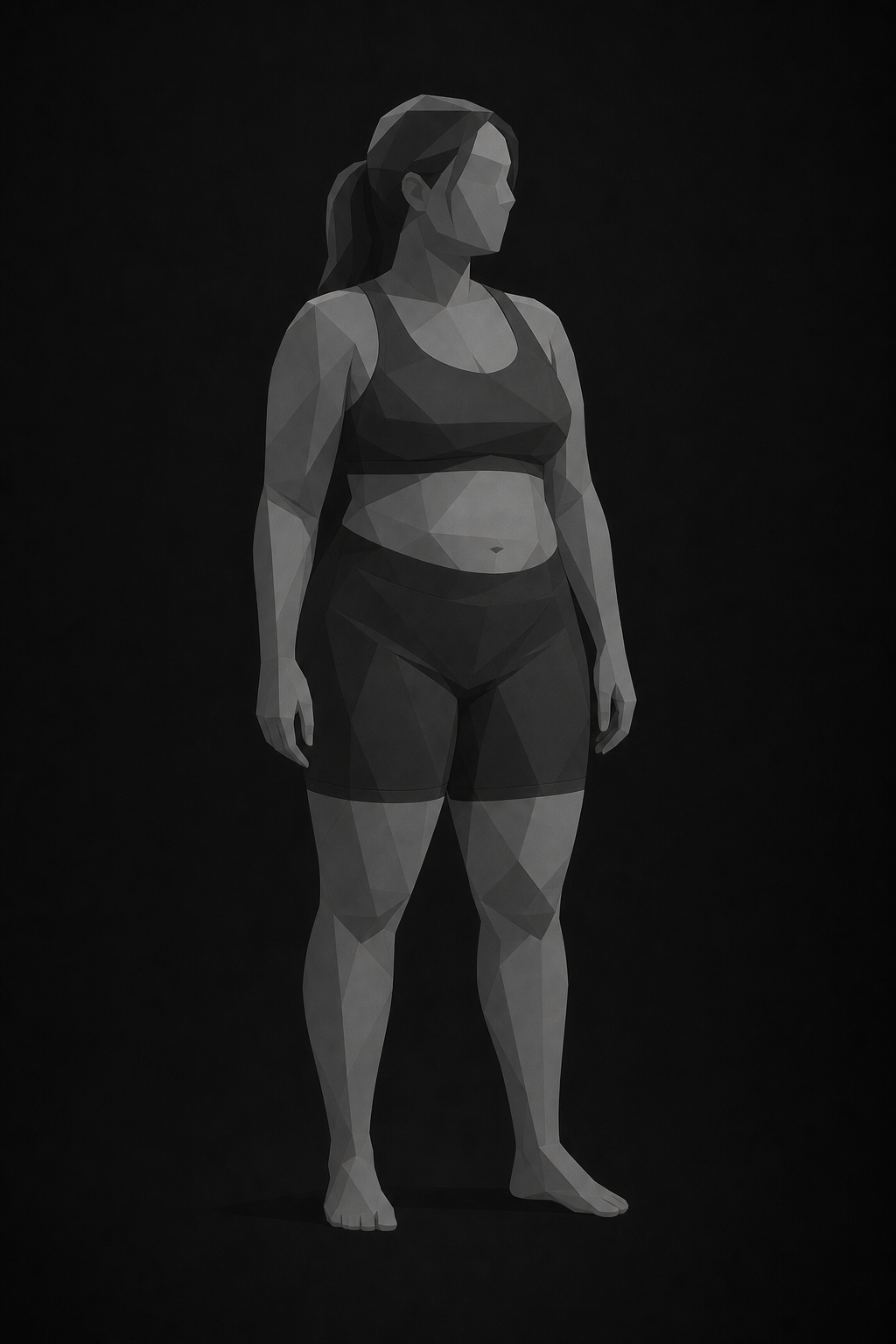 Grayscale abstract silhouette illustration representing Elena's physique before starting the program