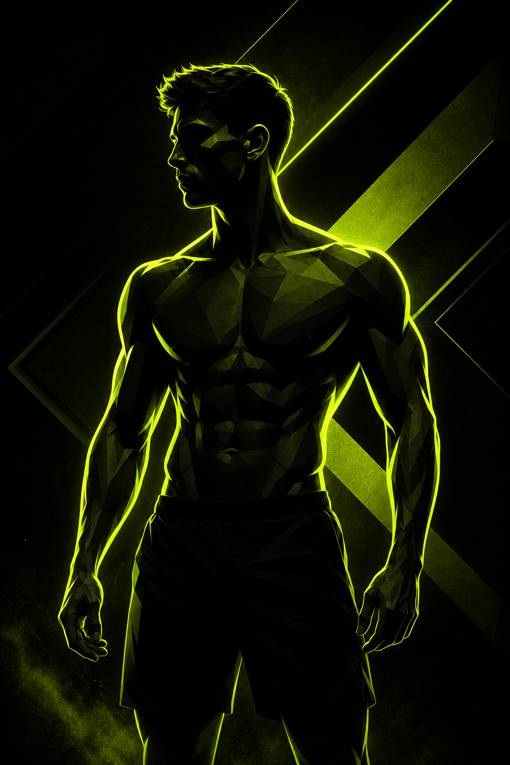 Neon lime-accented abstract silhouette illustration representing Marcus's muscular, defined physique after 12 weeks