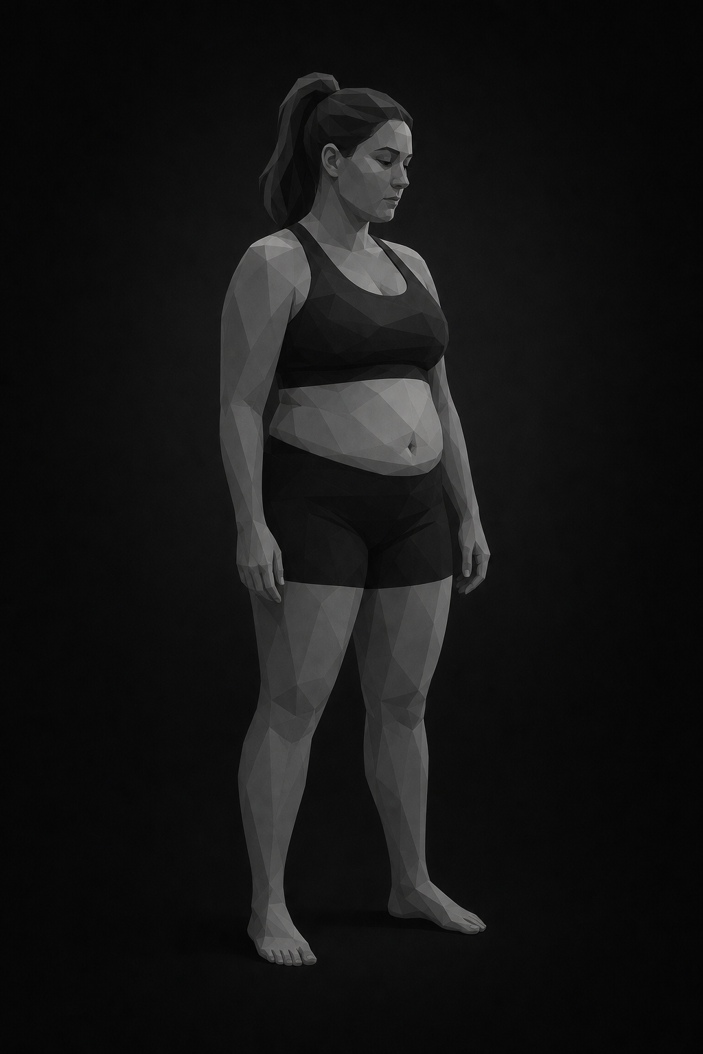 Grayscale abstract silhouette illustration representing Sophia's physique before starting the program