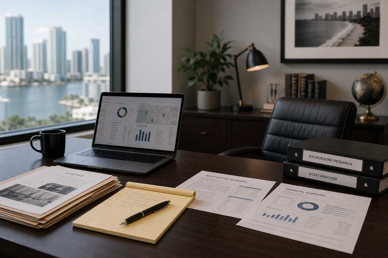 Refined investigative office workspace with case files, laptop data review, and organized documents under calm natural light