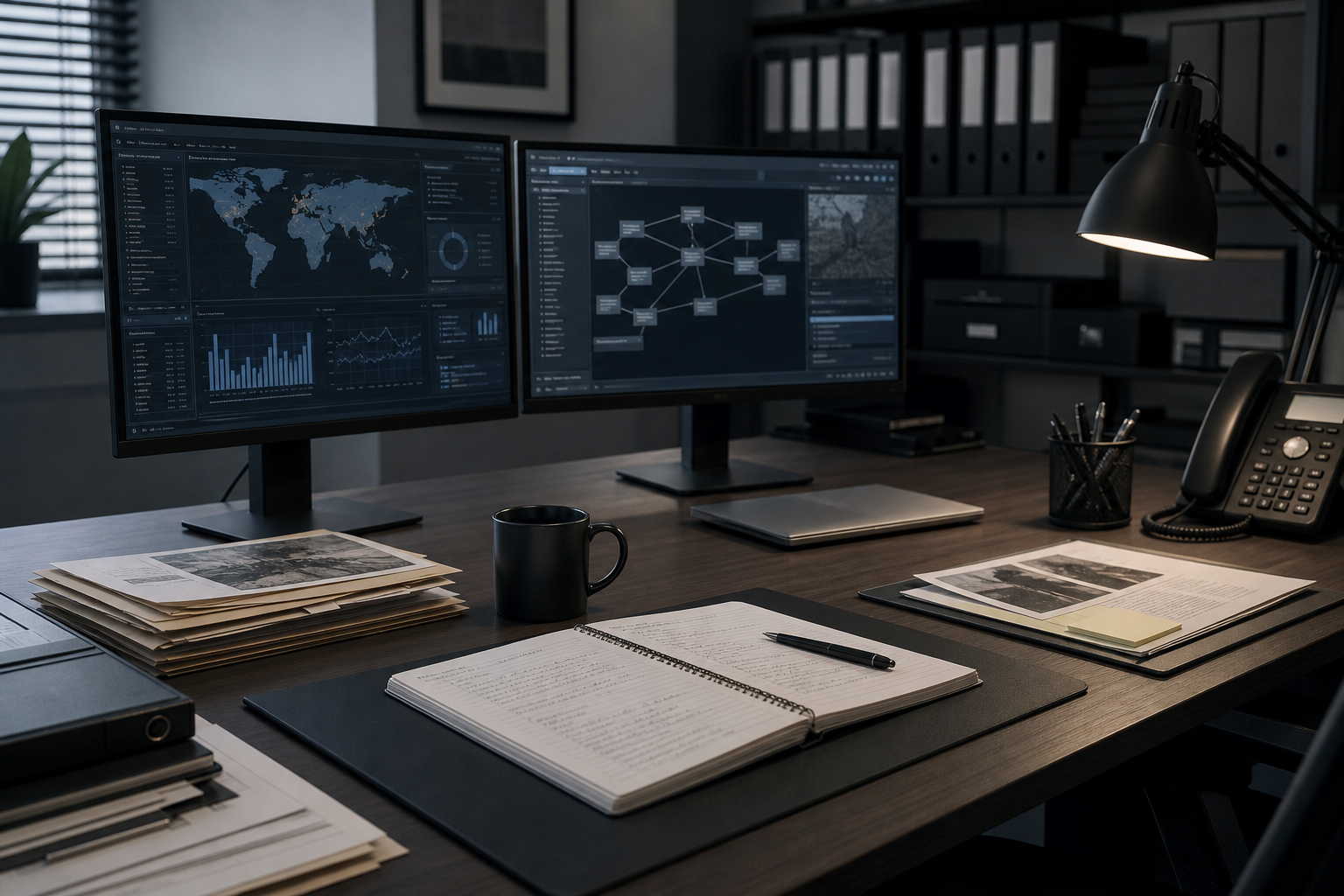 Discreet professional investigative workspace with dual monitors displaying data analysis, organized documents, and a neutral office setting