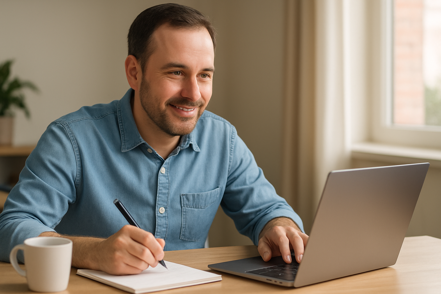 Adulto estudiando en casa frente a una laptop con un panel educativo moderno abierto