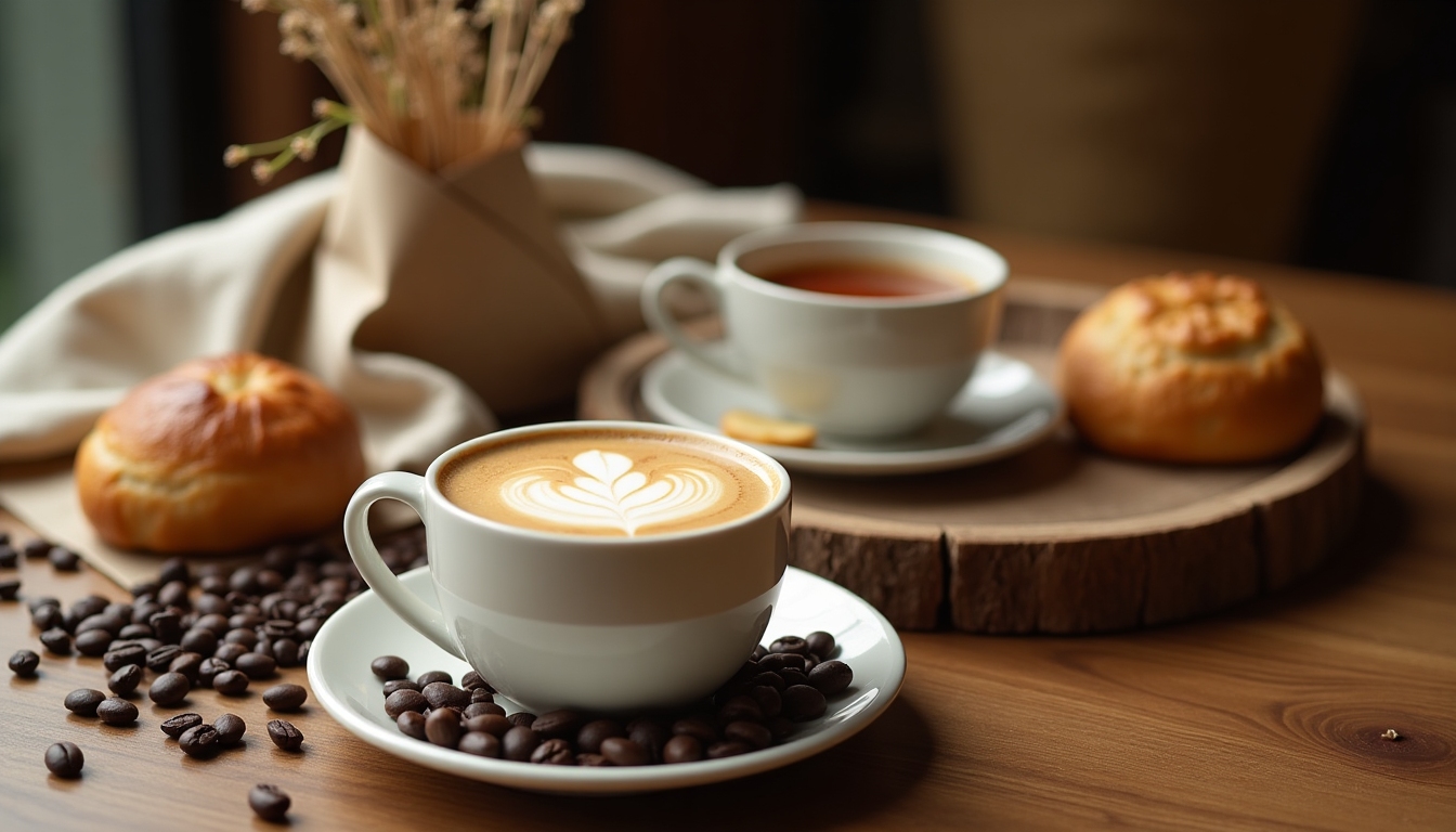 Warmly lit cafe table with coffee and tea, wood and paper textures, cozy ambiance
