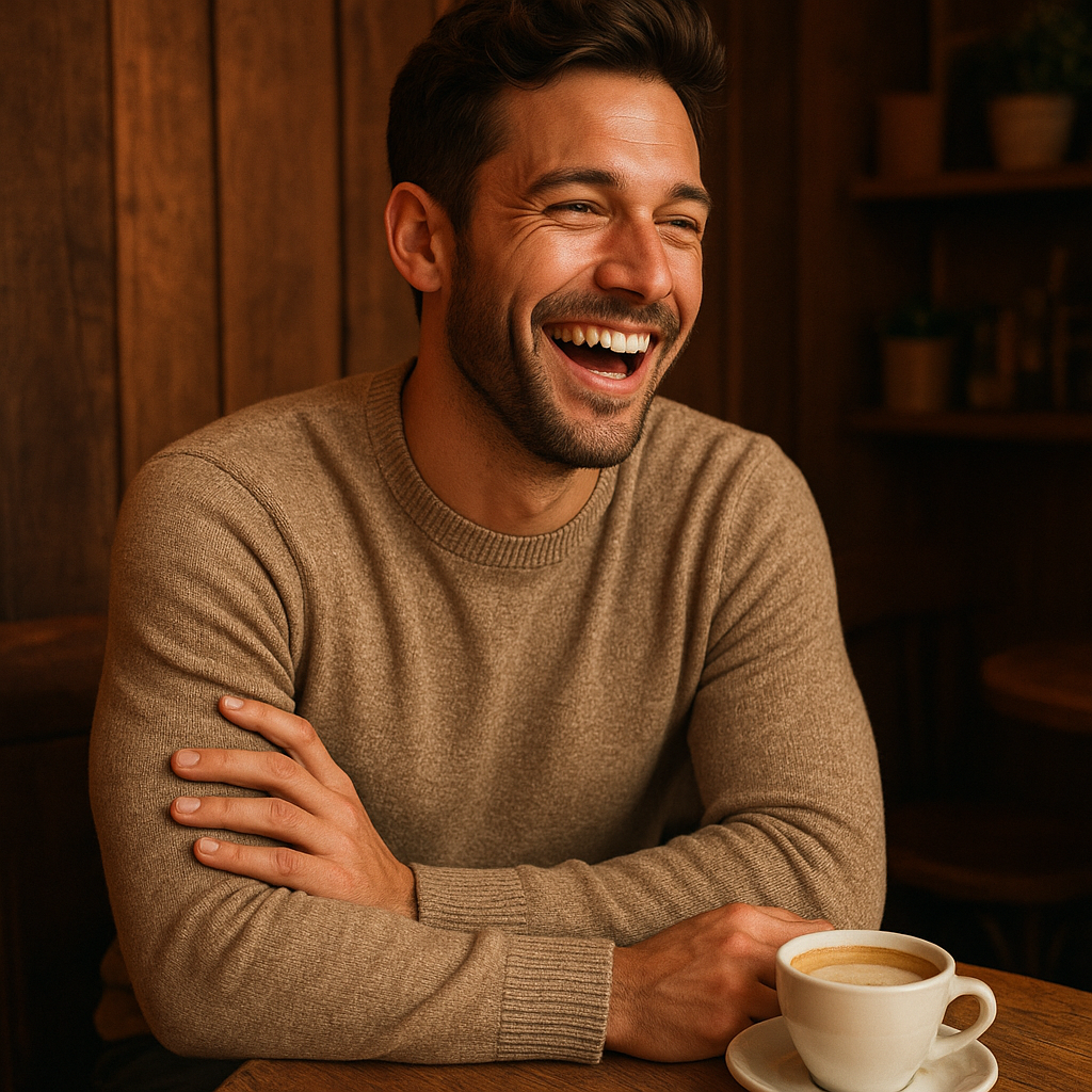 Portrait of a man laughing in a cafe setting