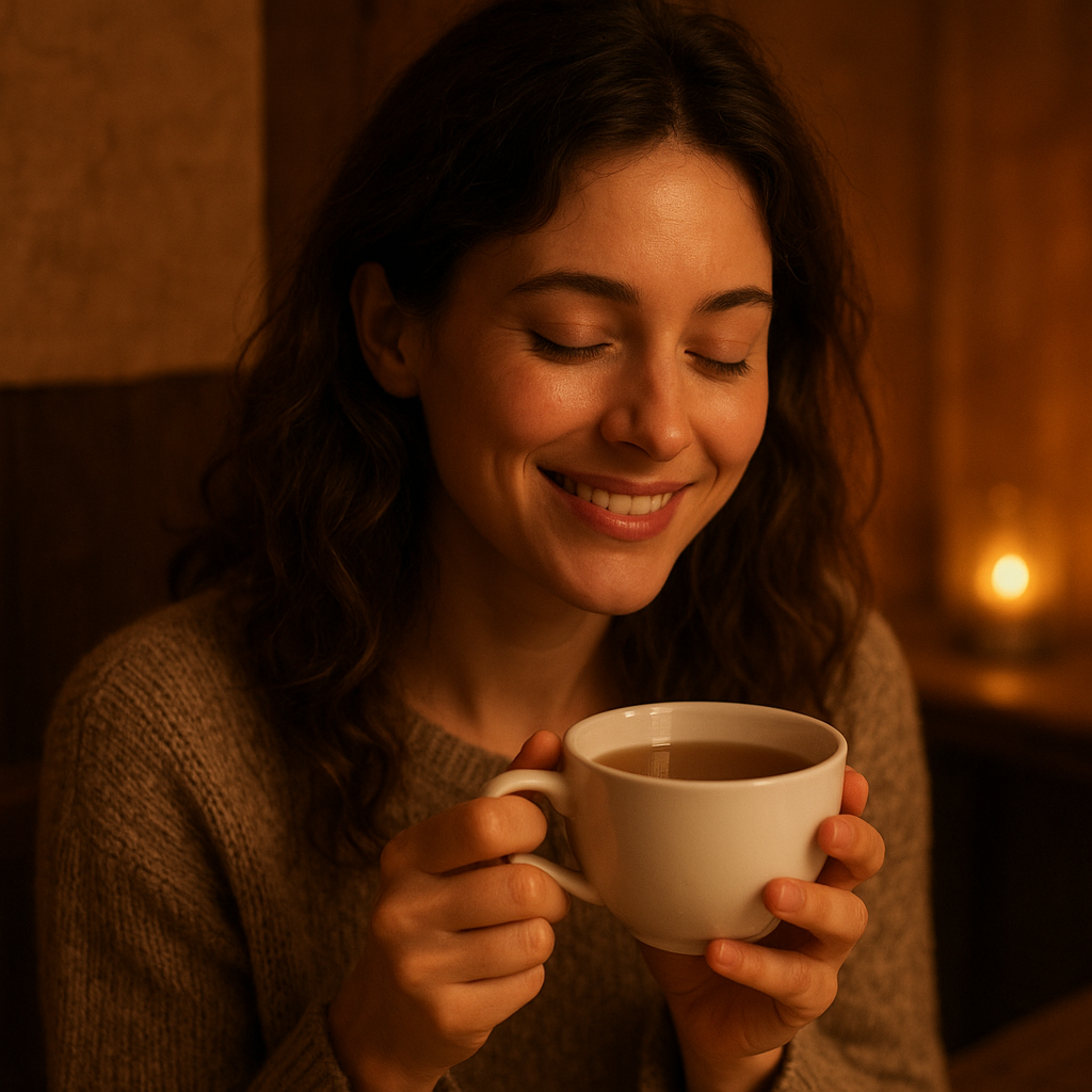 Portrait of a woman enjoying a cup of tea in warm lighting