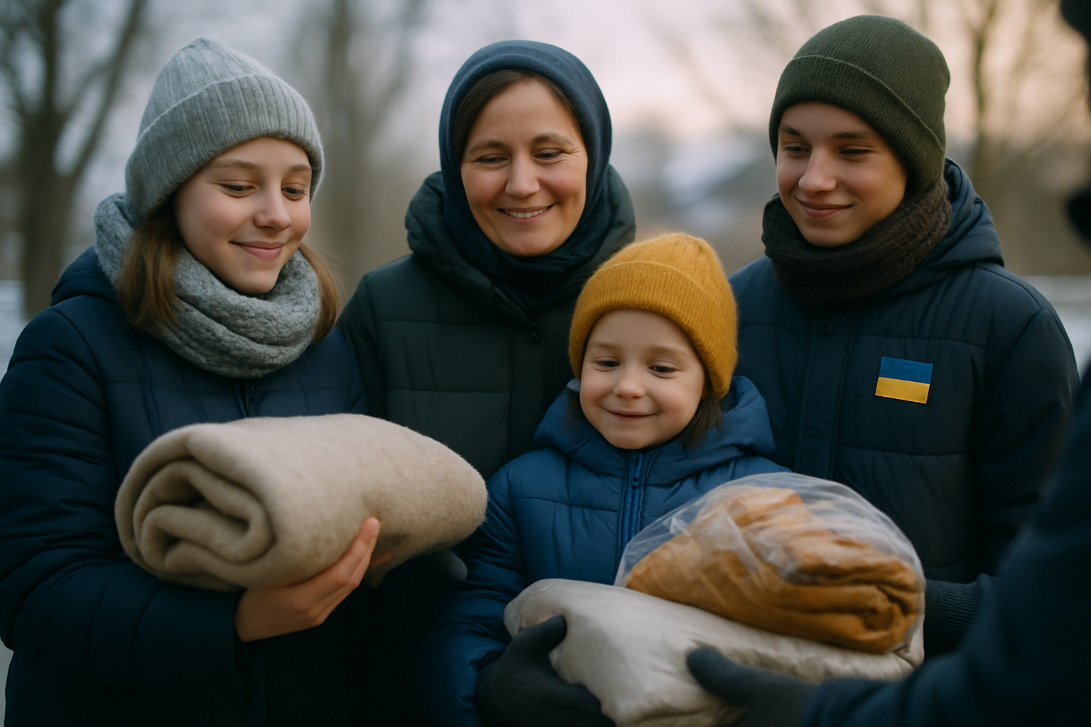 Family in winter receiving warm supplies