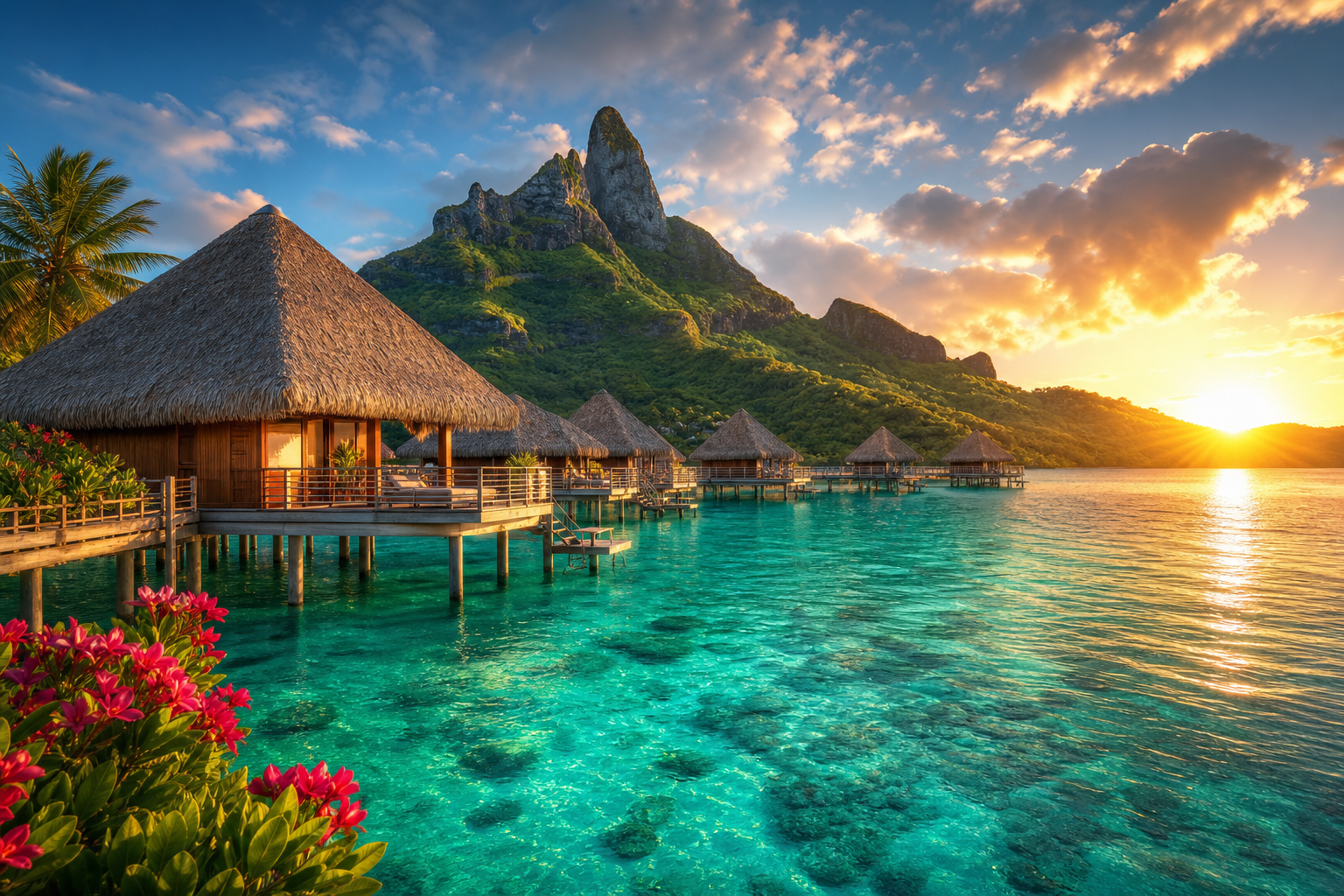 Bora Bora lagoon with clear turquoise water, lush volcanic peaks, and elegant overwater villas at sunset