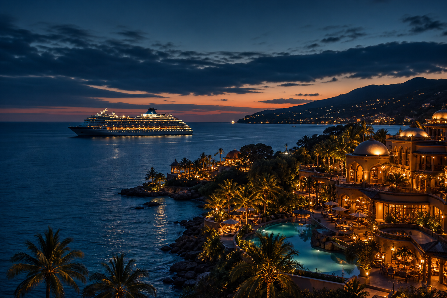 Refined cruise and island travel panorama with a distant ship silhouette on the ocean horizon and elegant resort lights at dusk
