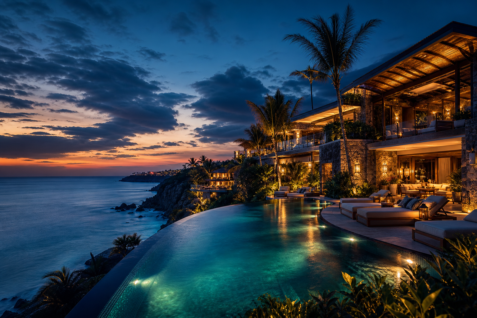 Cliffside luxury coastal resort at dusk with an infinity pool overlooking a calm turquoise sea