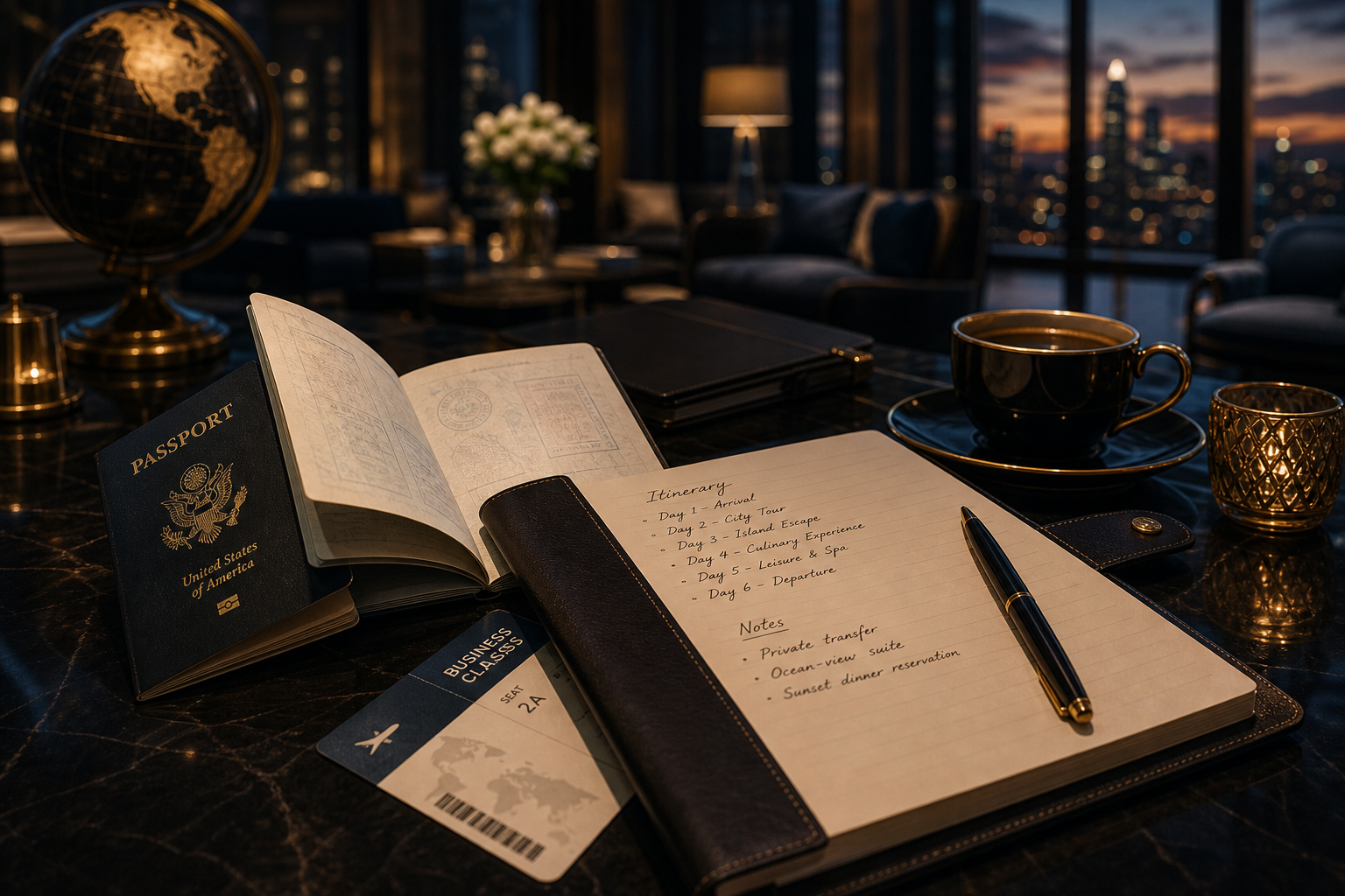 Refined concierge travel planning moment with passport, itinerary notes, and elegant lounge setting