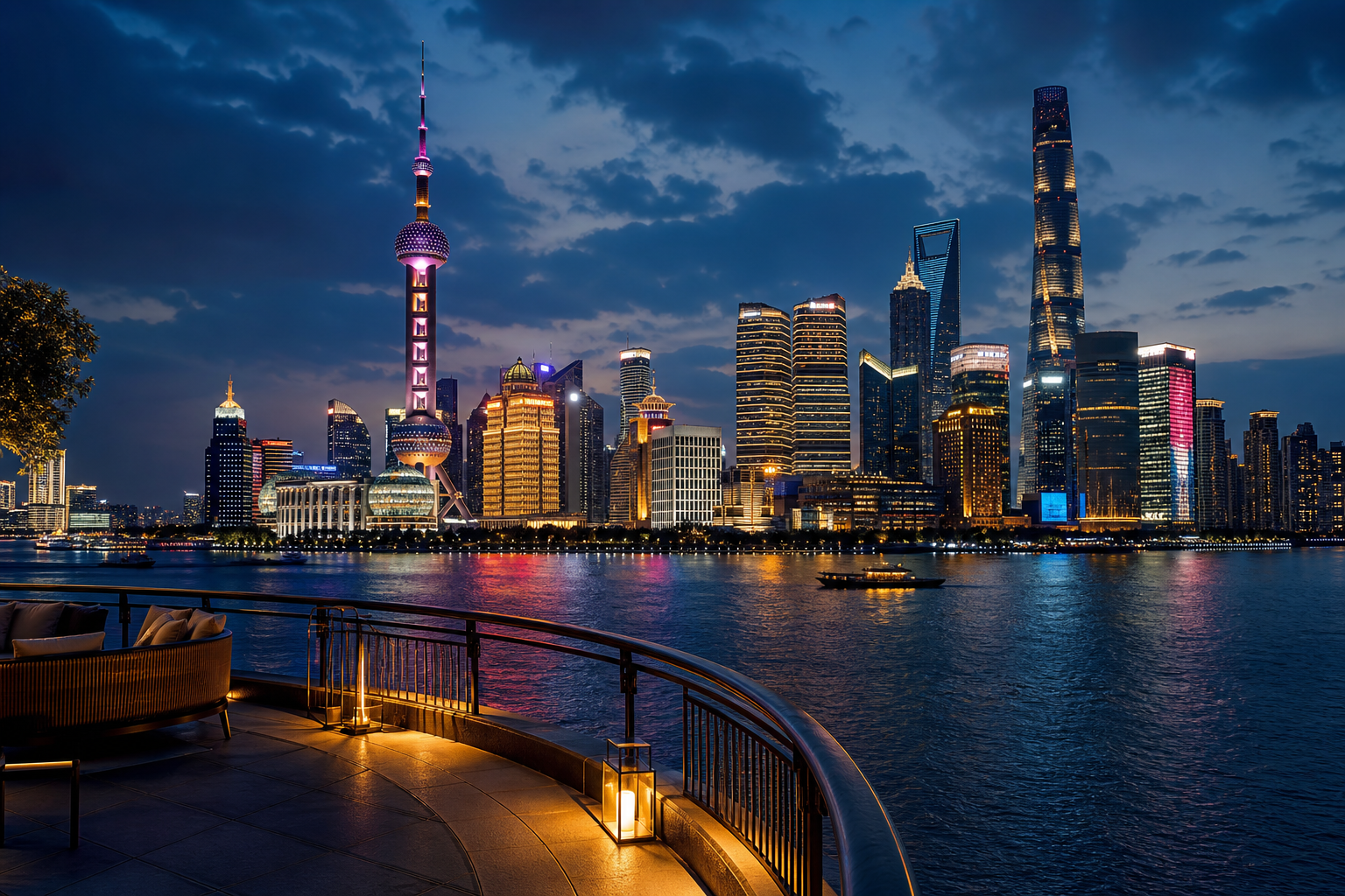 Iconic international skyline at blue hour with illuminated landmarks and elegant waterfront reflections