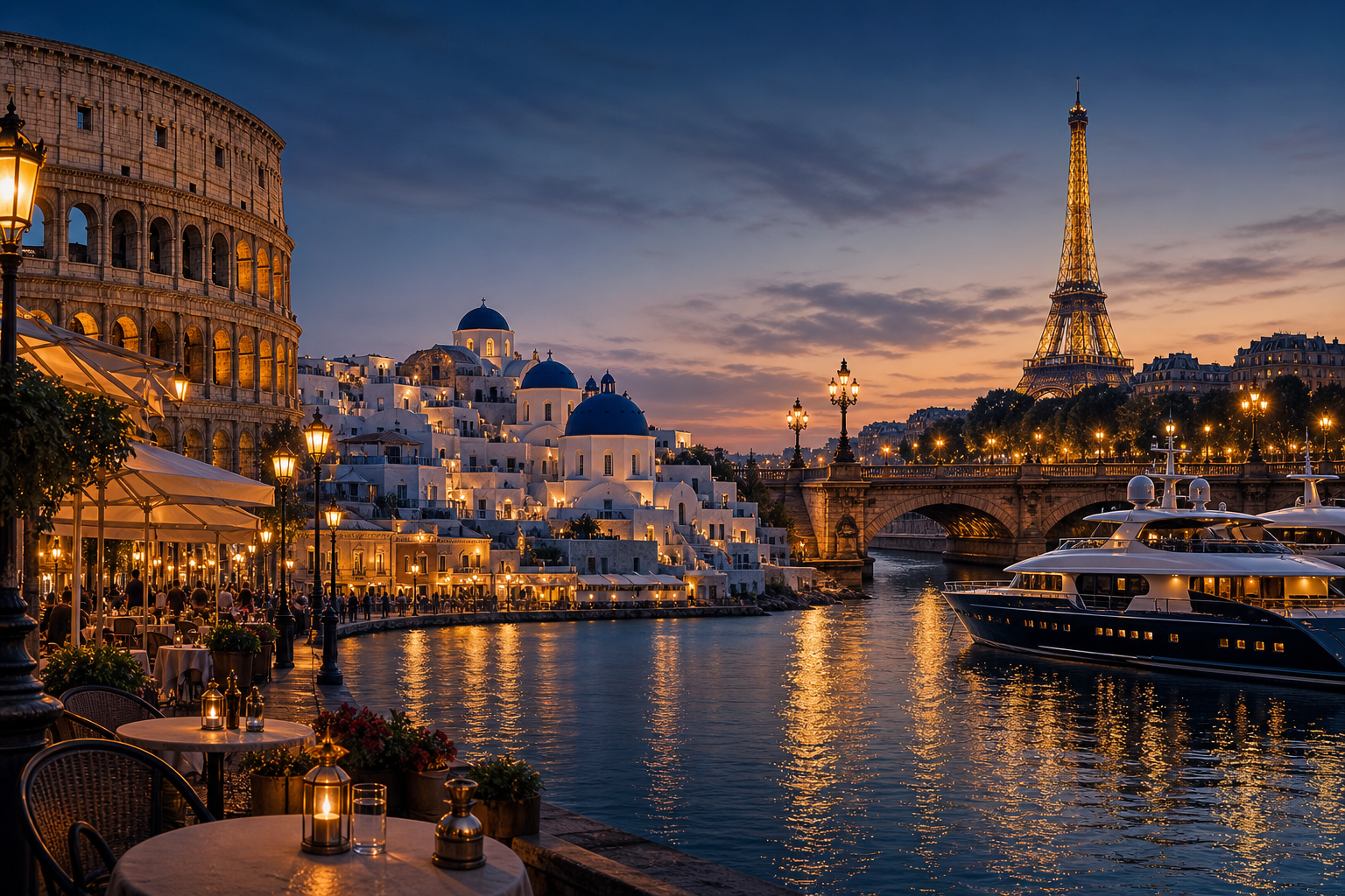 Panoramic European waterfront at dusk with historic architecture, warm city lights, and elegant evening atmosphere