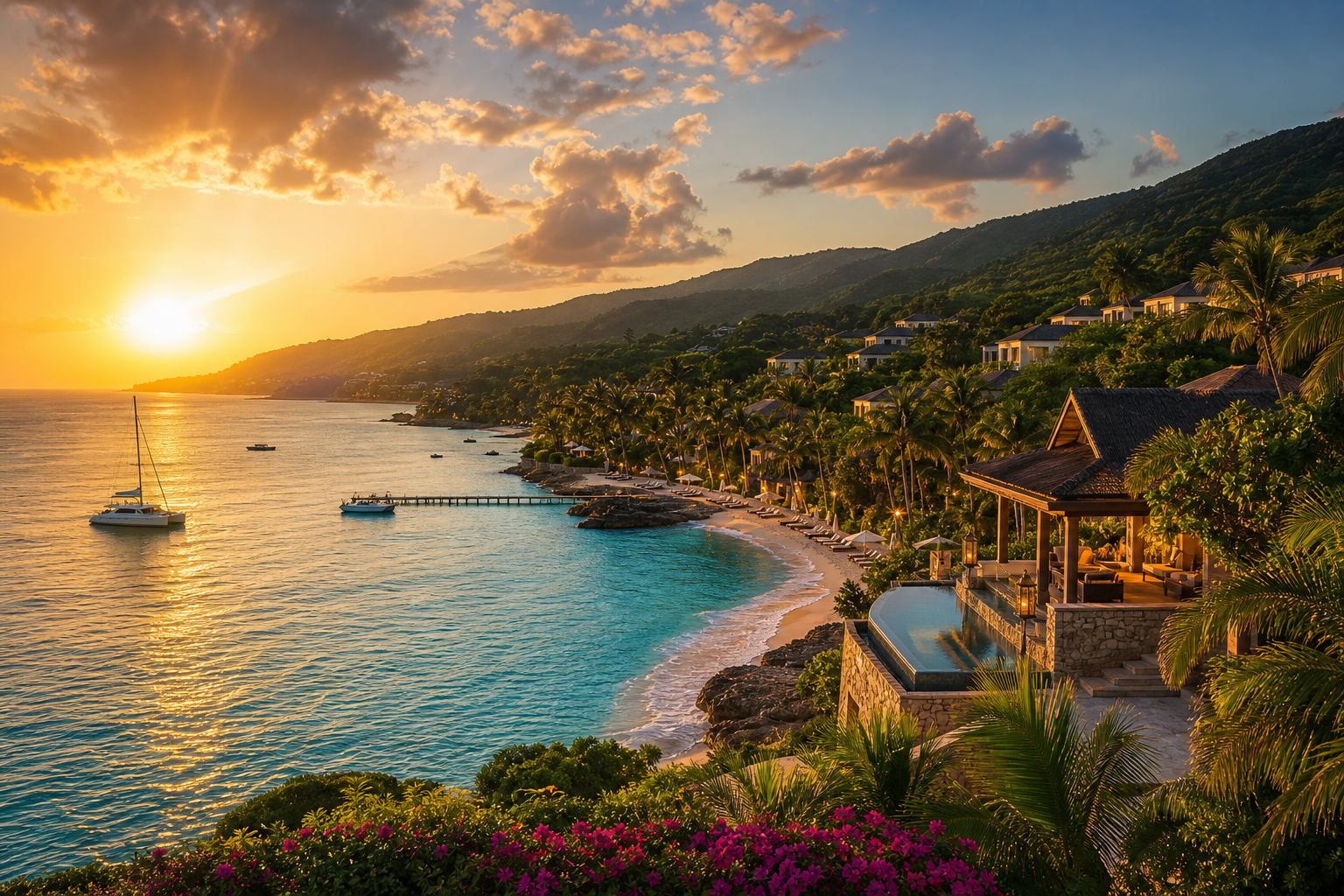 Golden-hour view of Jamaica coastline with clear turquoise water, palm-lined white-sand beach, and elegant hillside resort villas