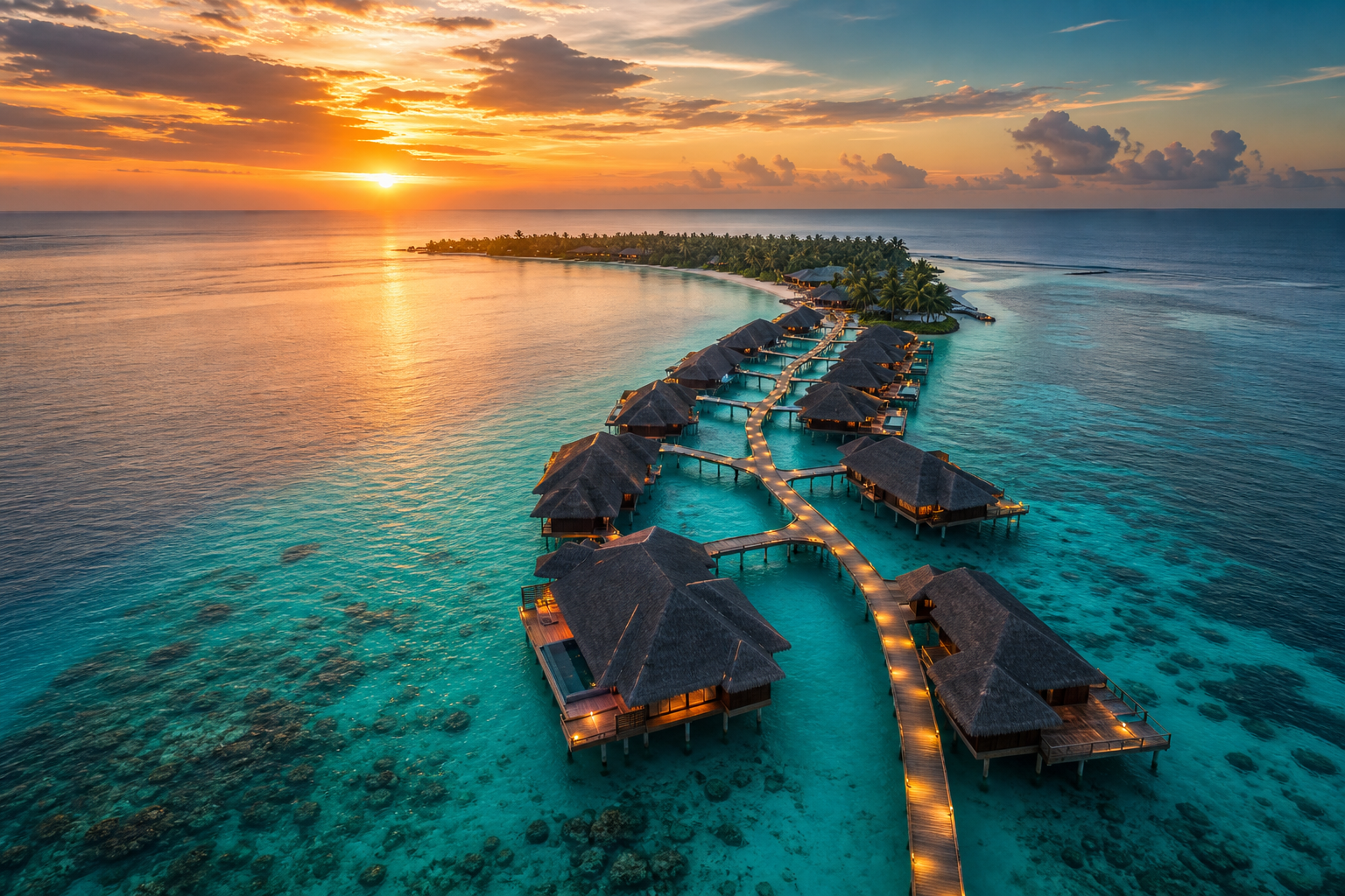 Aerial view of luxury overwater villas above a turquoise Maldives lagoon at sunset
