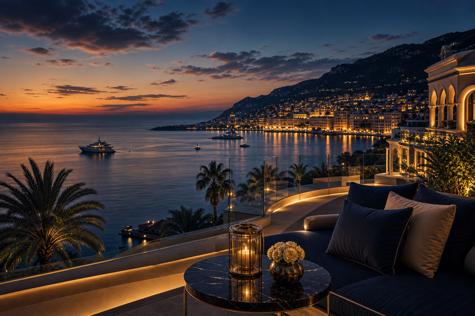 Elegant international travel scene with ocean horizon, refined city lights, and luxury resort architecture at dusk