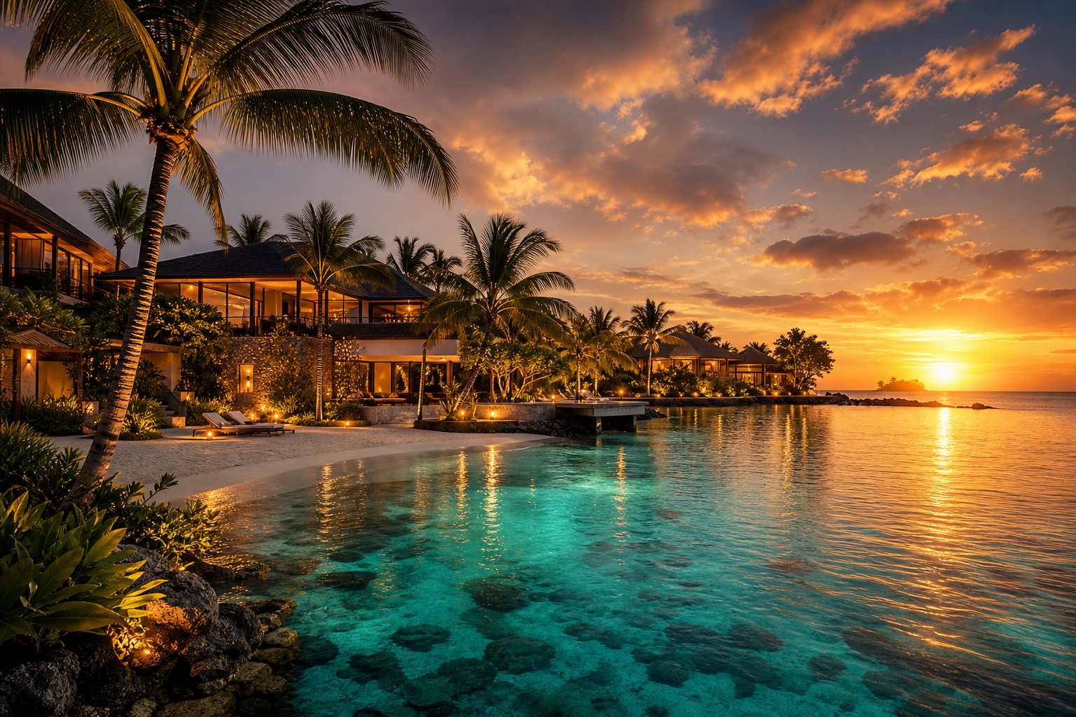 Panoramic tropical coastline with turquoise water, swaying palms, elegant beachfront resort architecture, and a warm sunset glow