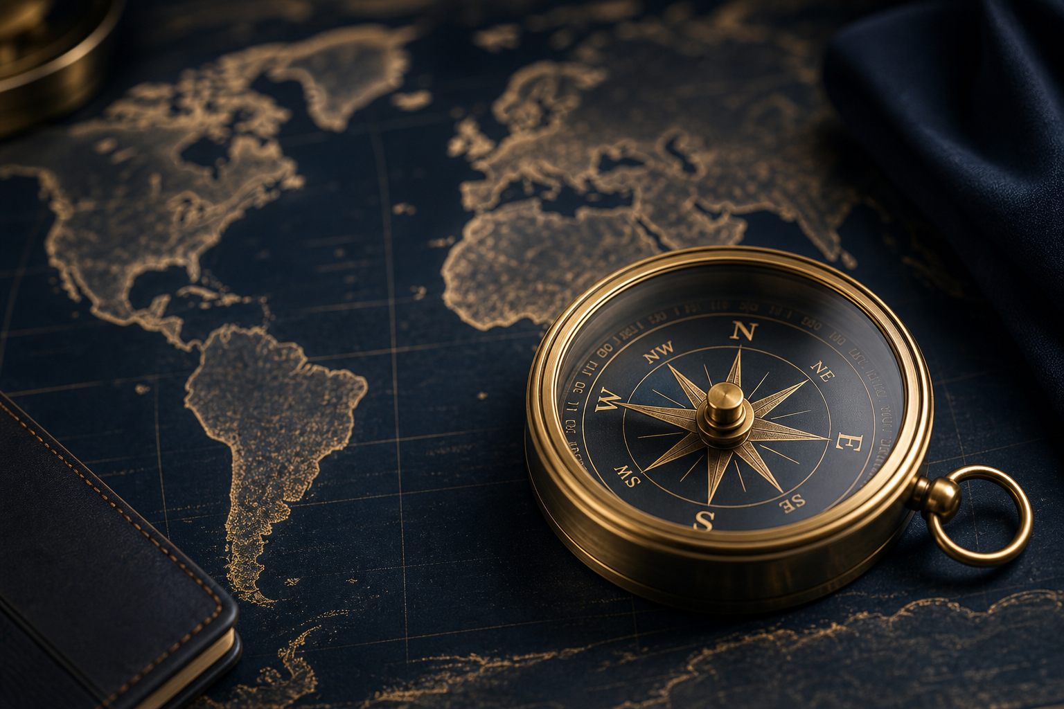 Elegant world-travel motif featuring a luxury brass compass on a dark map with refined metallic highlights