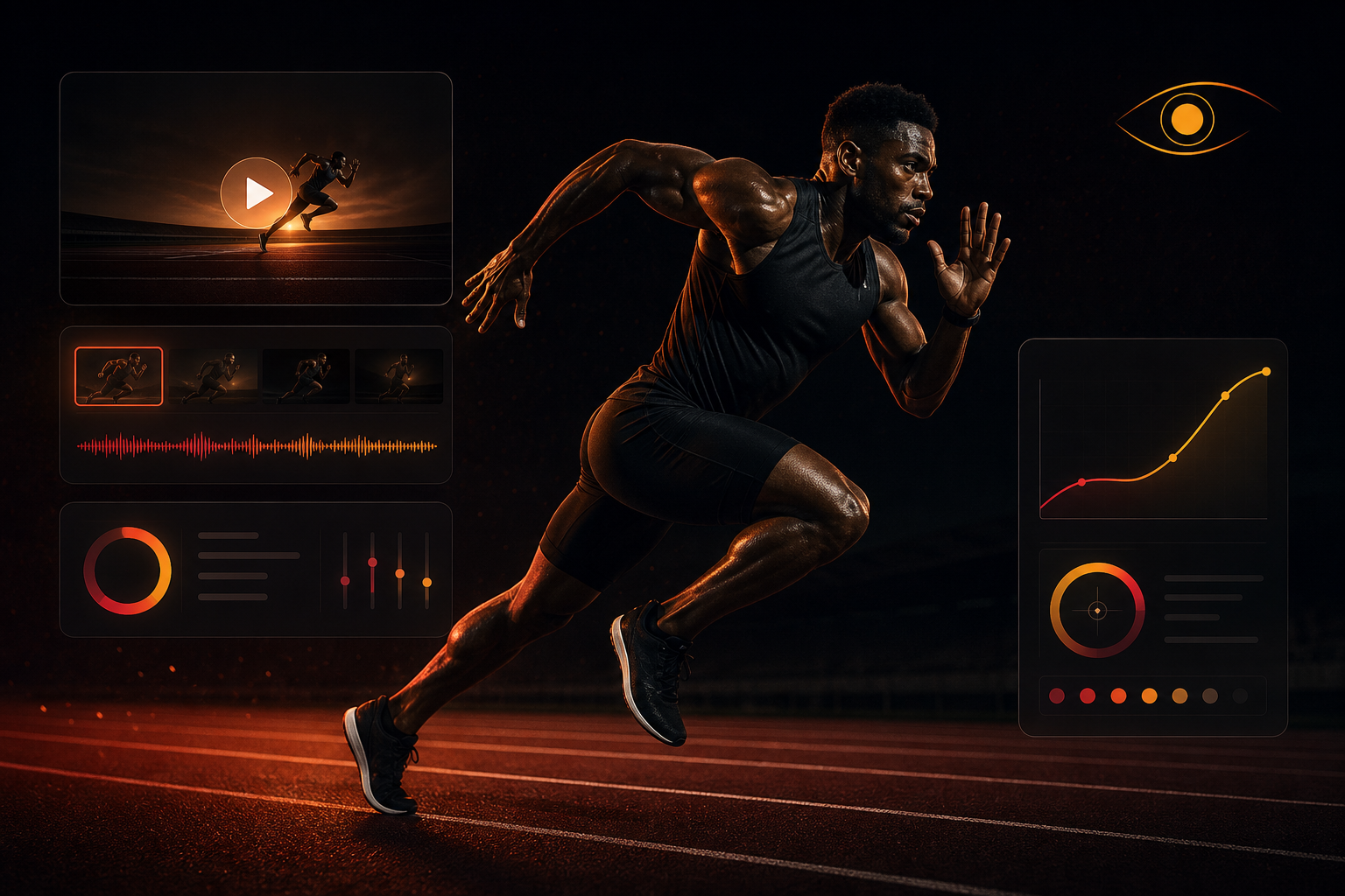Cinematic sports ad thumbnail with a runner in warm ember lighting and a sleek brand overlay