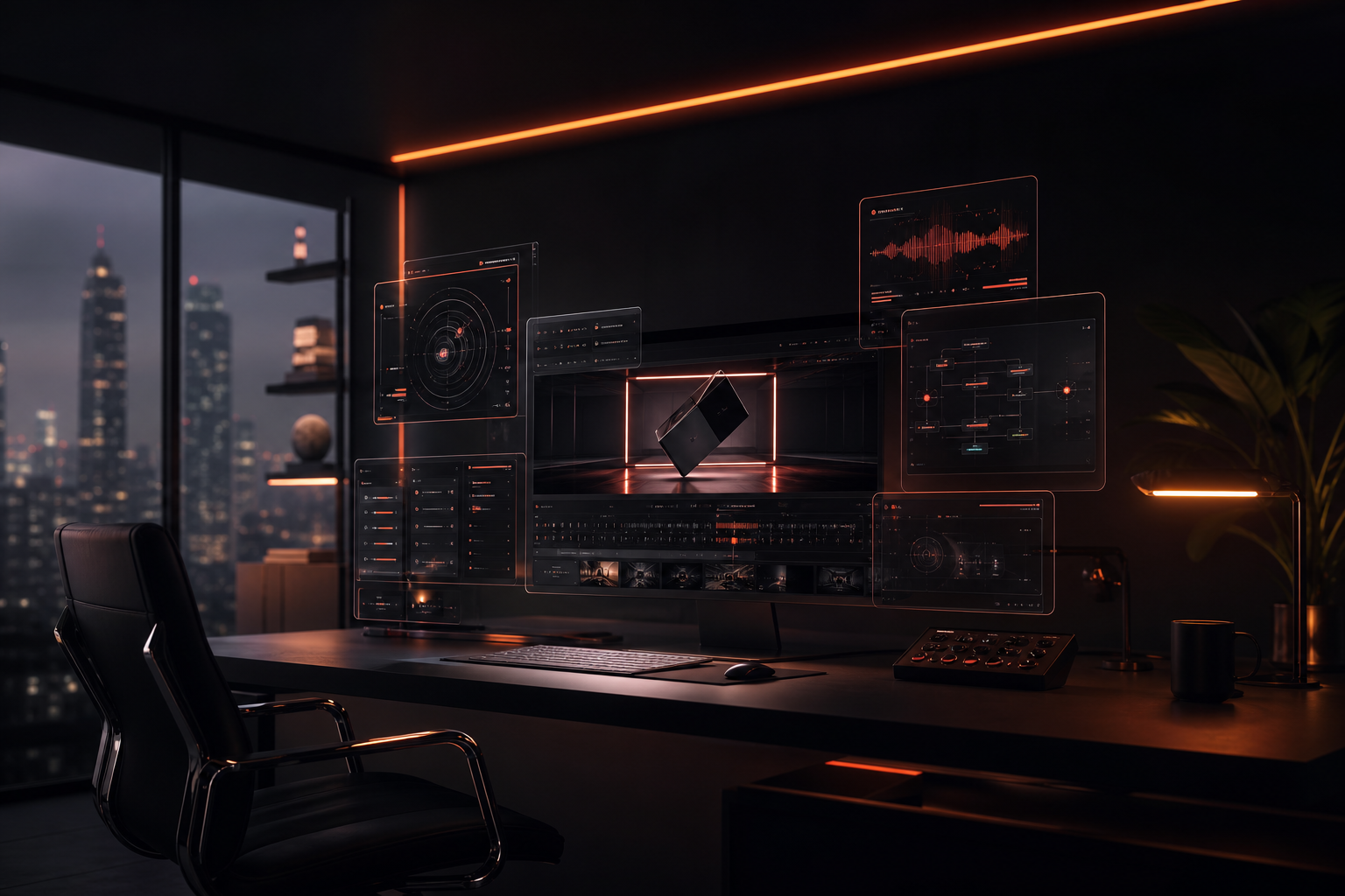 Futuristic tech workspace with warm highlights and a cinematic wide frame