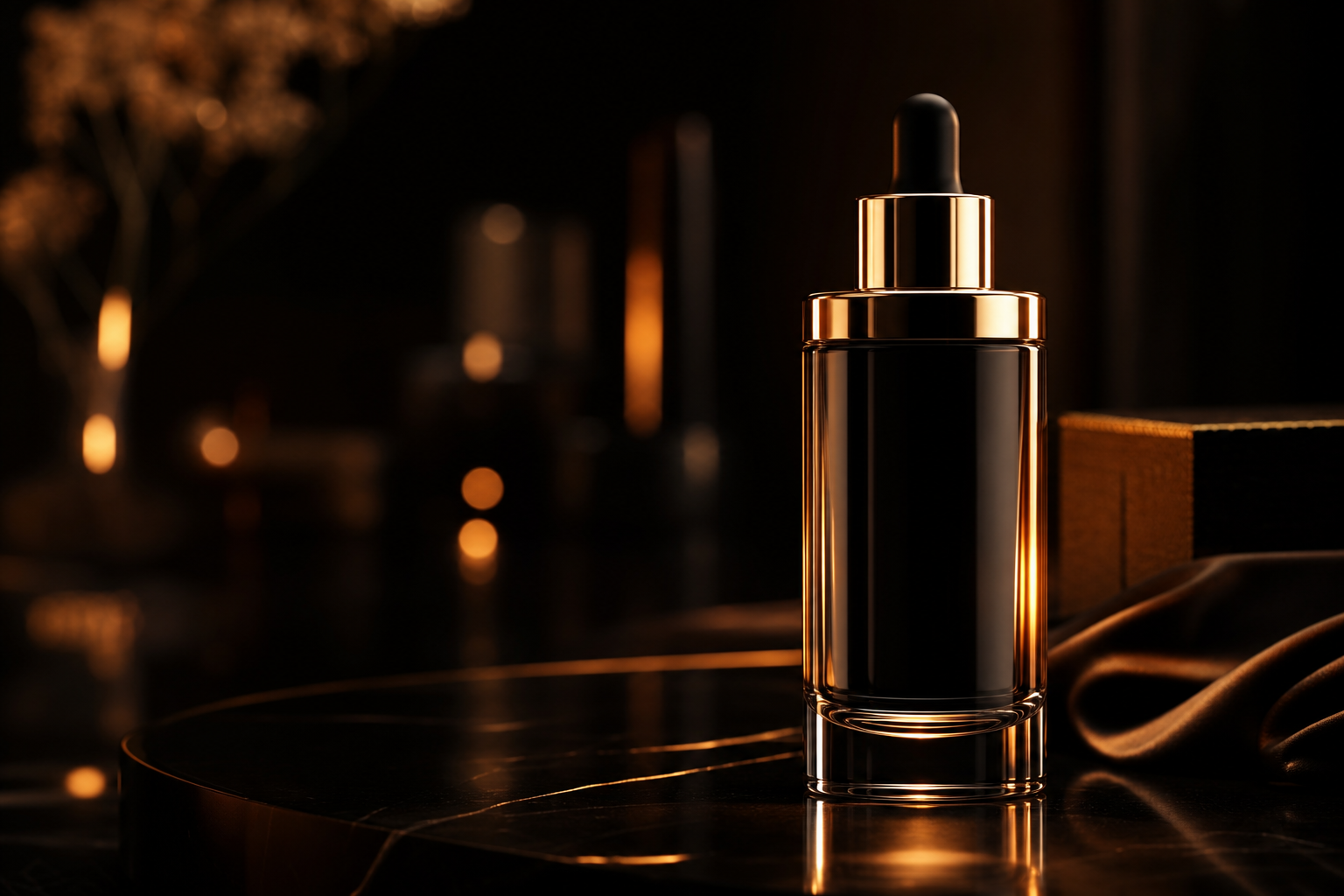 Luxury skincare product close-up in soft gold light with cinematic bokeh