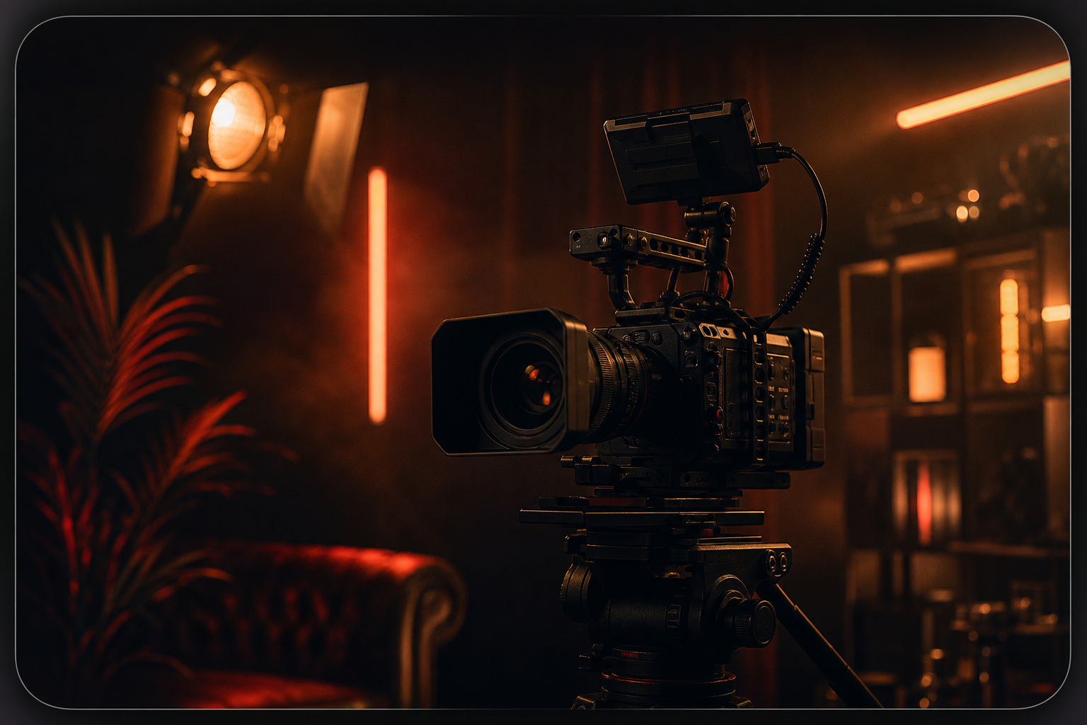 Creator studio scene with camera rig and warm cinematic lighting
