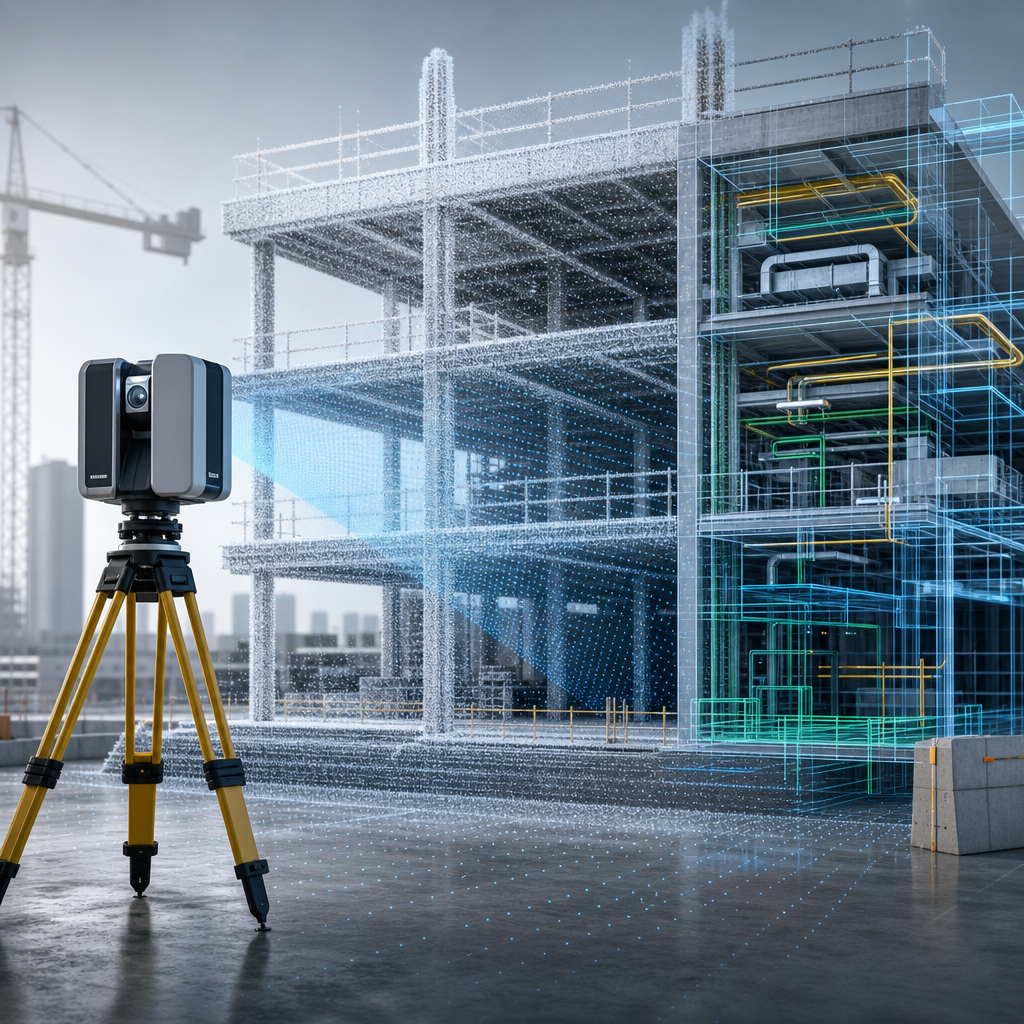 Stylized 3D laser scan of a construction site with point cloud grid lines, surveying tripod, and digital model overlays in a clean technical style