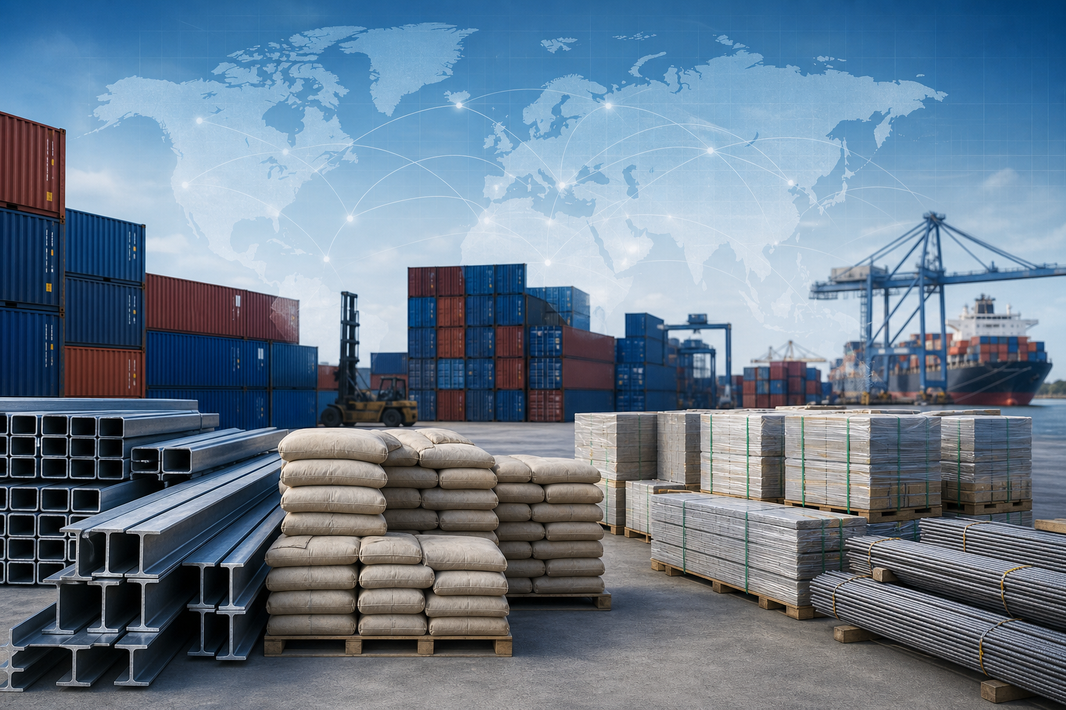 Professional composite showing palletized construction materials, container logistics operations, and global trade routes in a modern corporate setting