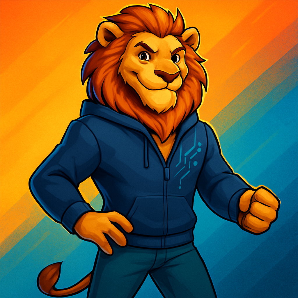 Confident modern anthropomorphic lion mascot for Alf Website stabilization, tech-focused and energetic, fits bright gradient background