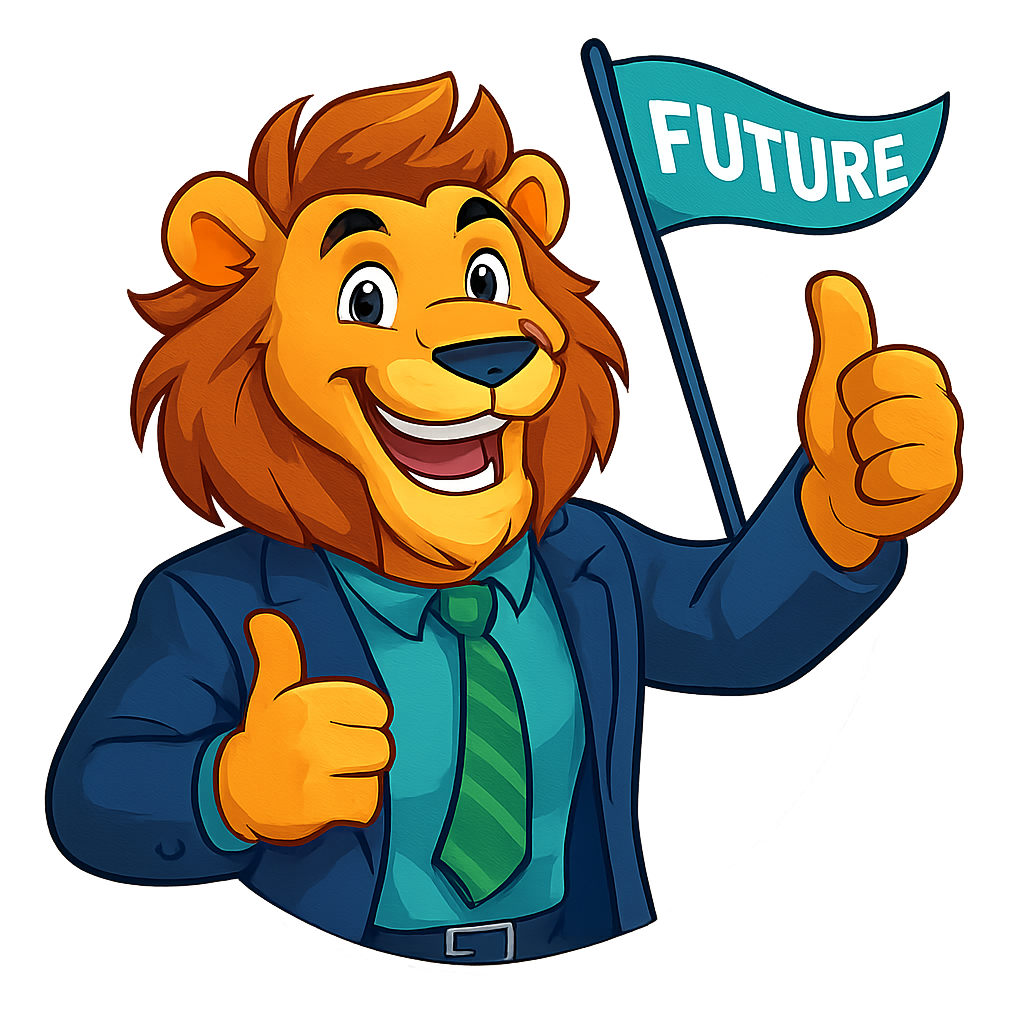 Anthropomorphic lion mascot celebrating future plans