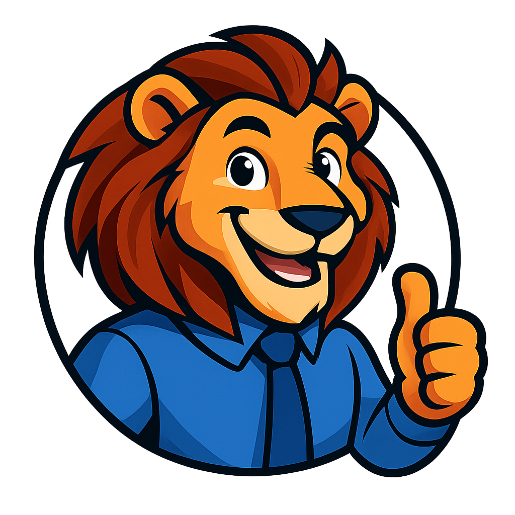 Anthropomorphic lion mascot, modern and confident, as a visual accent for improvements section