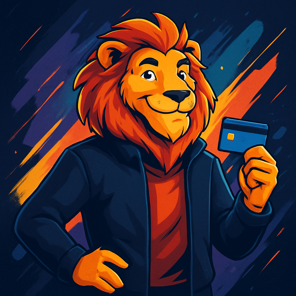 Anthropomorphic lion mascot with a confident, modern look, wearing a dark jacket and holding a credit card, against an energetic abstract background