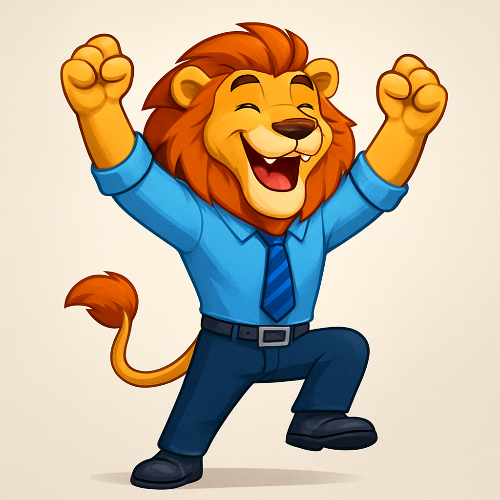 Energetic anthropomorphic lion mascot celebrating team results