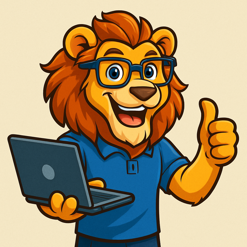 Lion mascot with coder glasses giving a thumbs-up